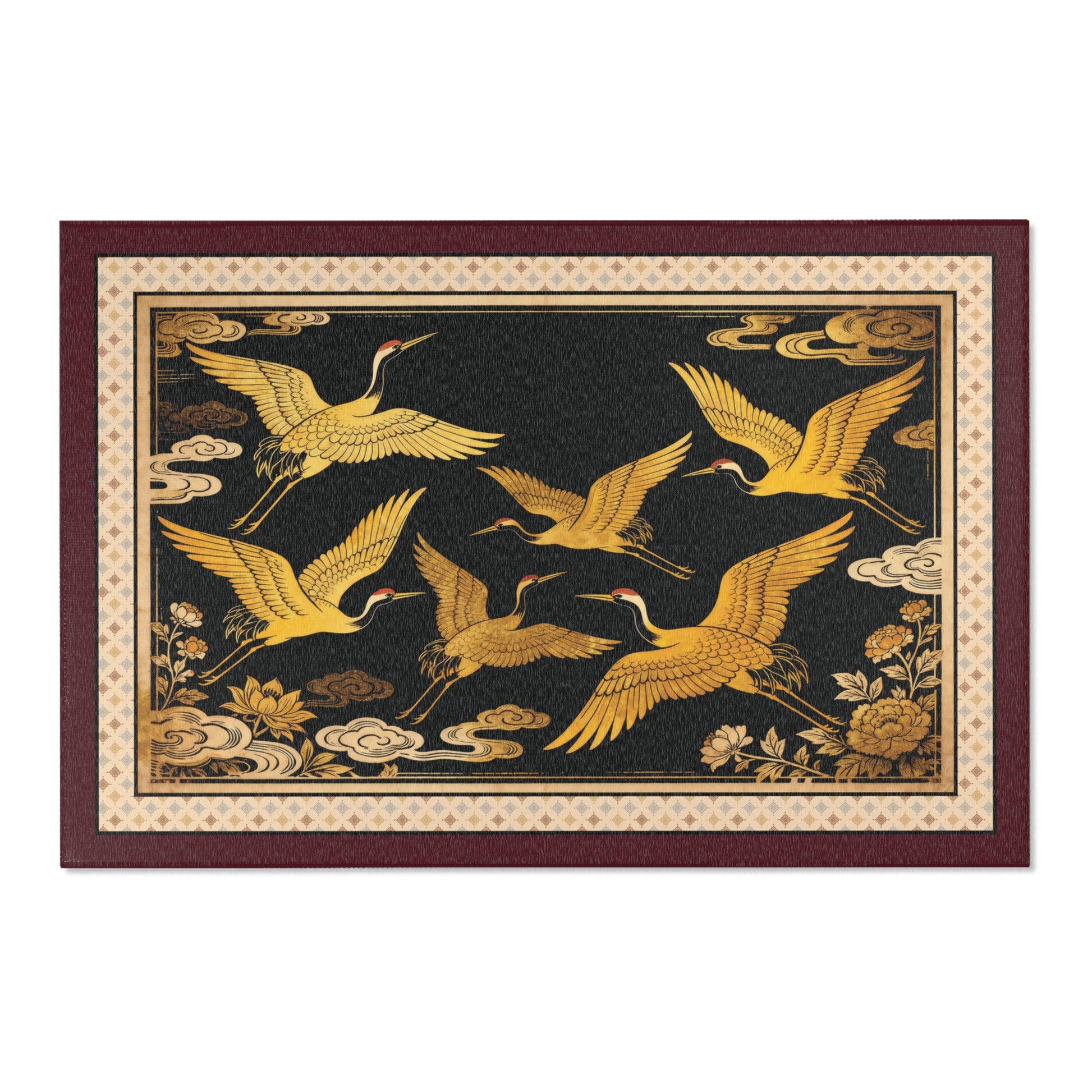 Decorative rug with gold cranes and floral patterns on a black background