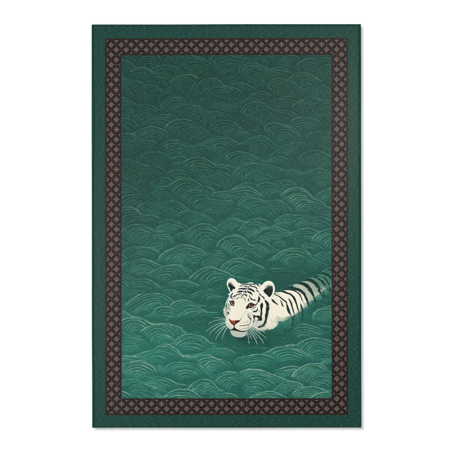 Green rug with a tiger design and decorative border on a white background