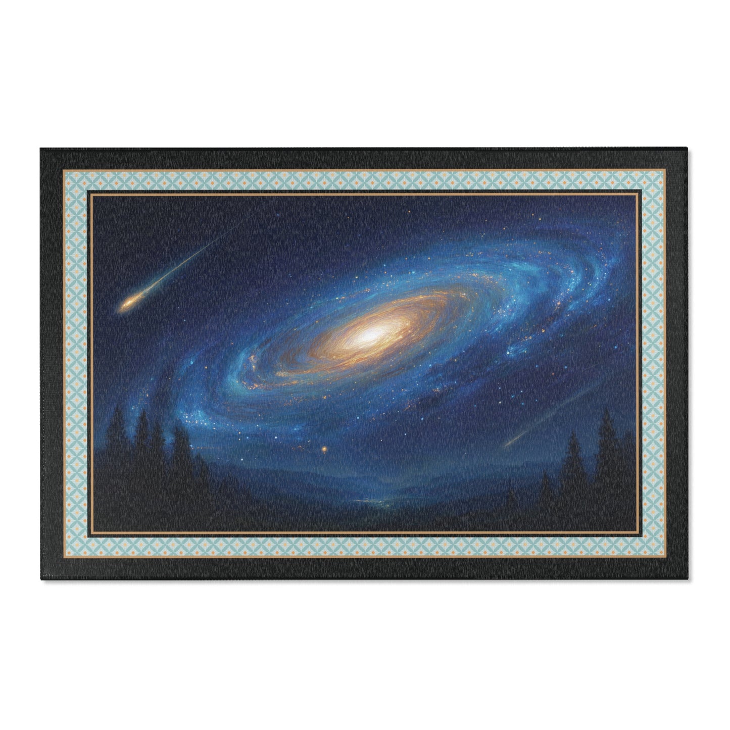 An area rug depicting a vibrant spiral galaxy in deep blue and black space with a shooting star and silhouetted pine trees, set against a plain white background.