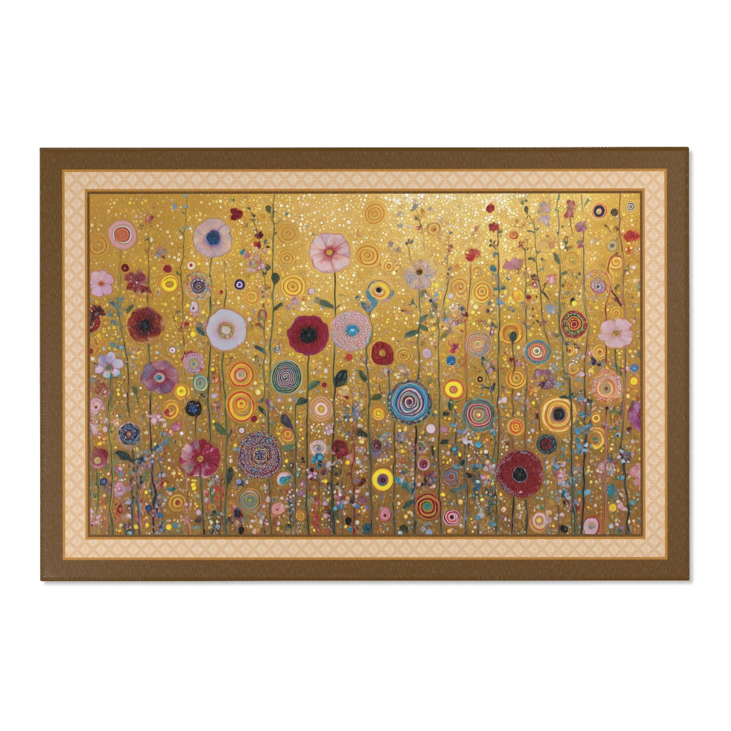 Area rug featuring a dense field of multicolored flowers with swirling circular motifs on a textured gold background, enclosed in a brown border with a beige patterned mat.