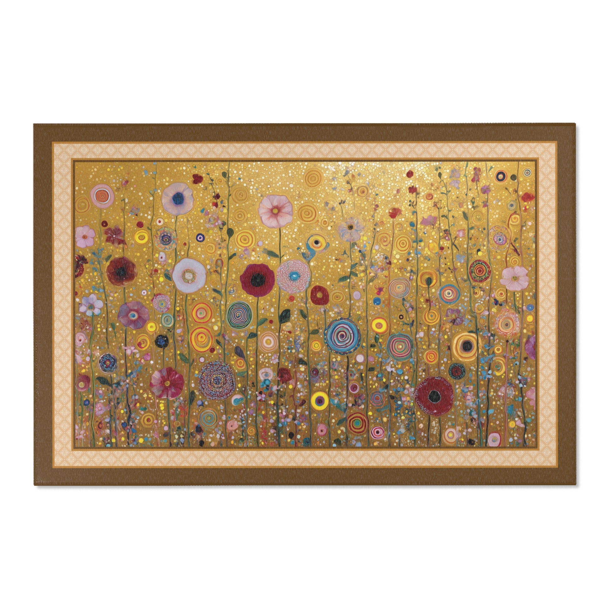 Area rug featuring a dense field of multicolored flowers with swirling circular motifs on a textured gold background, enclosed in a brown border with a beige patterned mat.