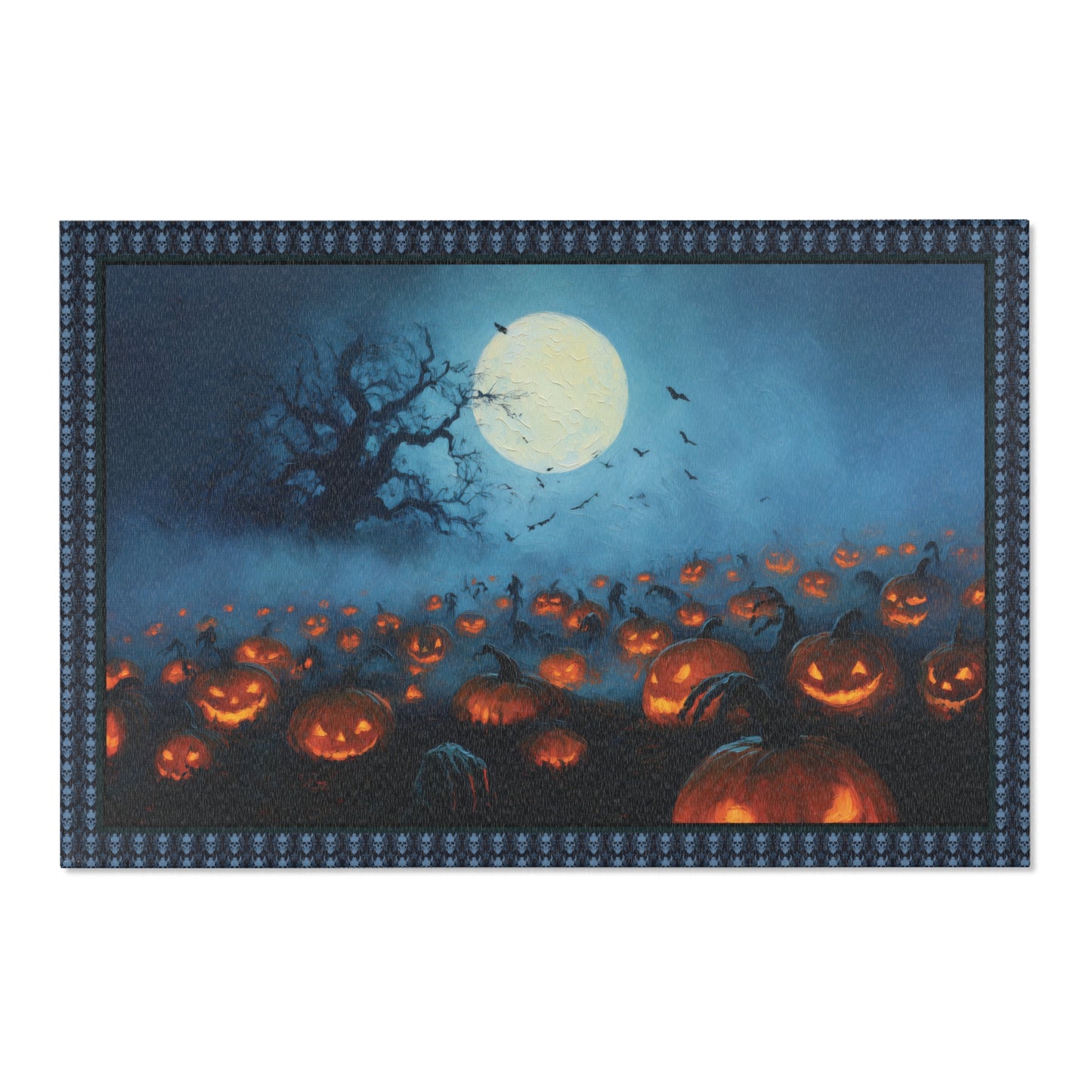 A rectangular Halloween-themed mat or rug featuring a night sky scene with a large full moon, a dark bare tree, flying bats, and rows of glowing jack-o'-lantern pumpkins. The mat has a decorative dark blue border with a repeating pattern.