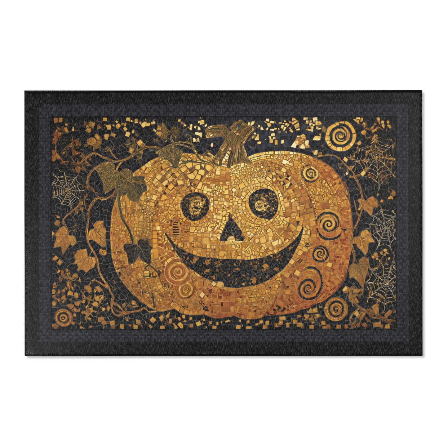 A rectangular black doormat featuring a stylized jack-o'-lantern pumpkin in metallic gold tones, surrounded by spiderwebs, leaves, and autumn motifs on a white background.