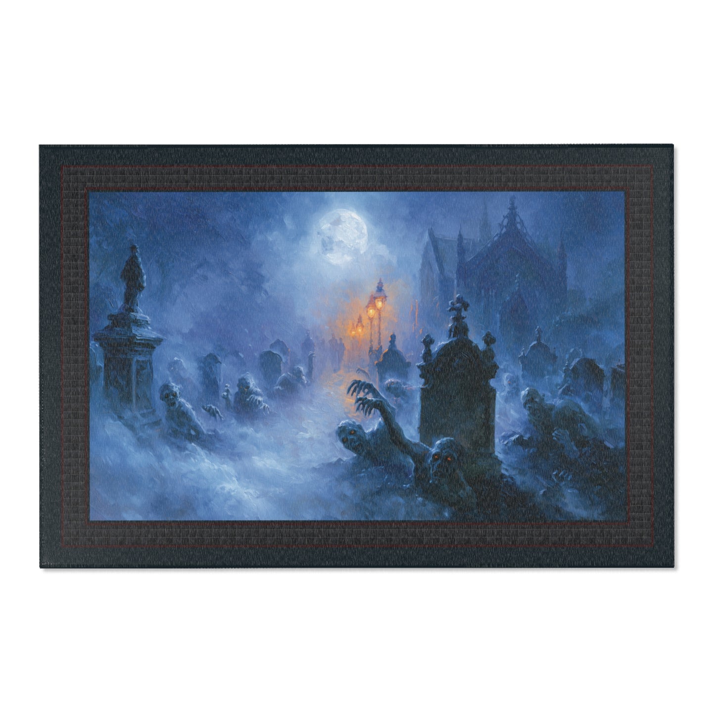A rectangular area rug depicting a spooky gothic graveyard scene at night under a full moon, with blue mist, tombstones, and a warm yellow streetlamp glow, shown against a plain white background.