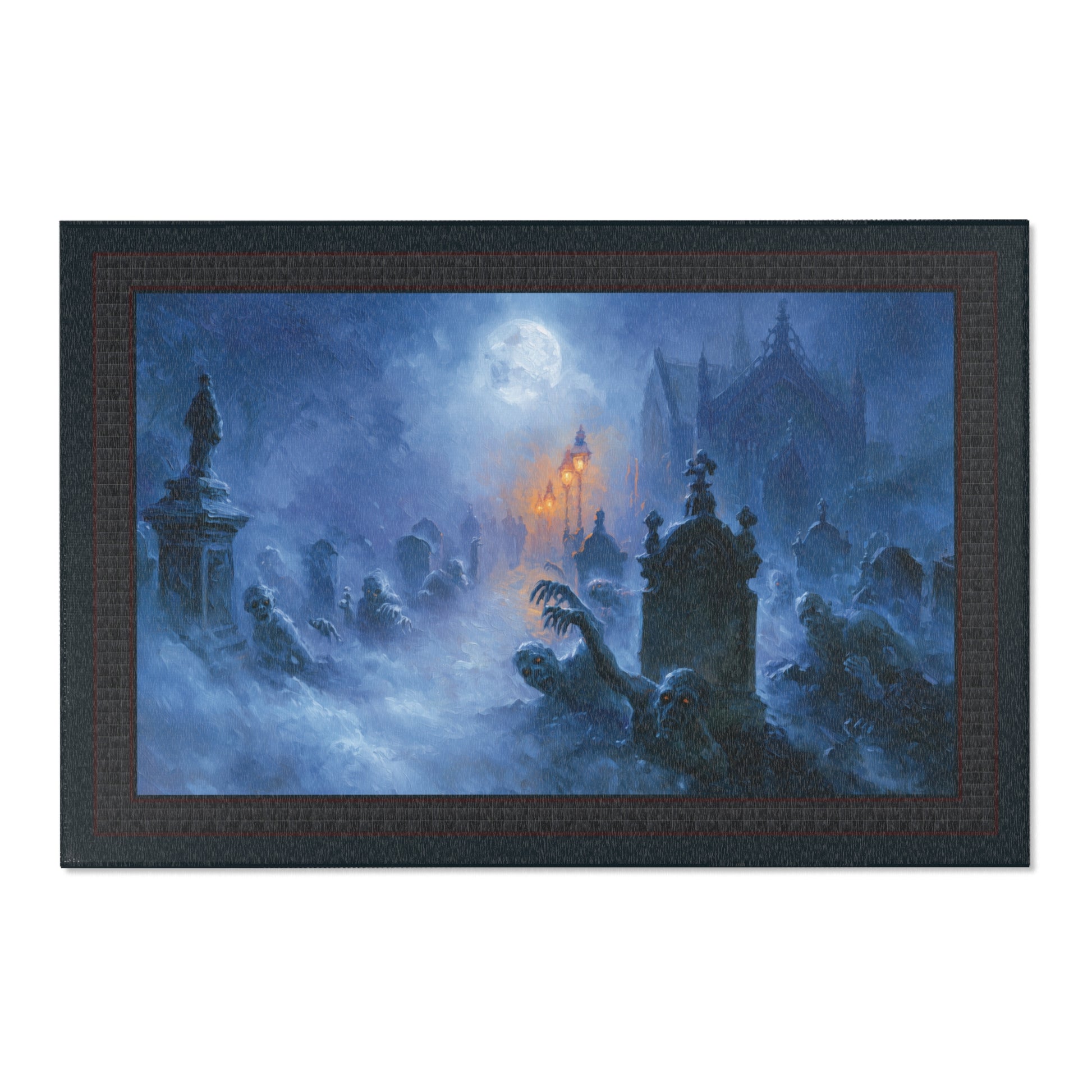 A rectangular area rug depicting a spooky gothic graveyard scene at night under a full moon, with blue mist, tombstones, and a warm yellow streetlamp glow, shown against a plain white background.