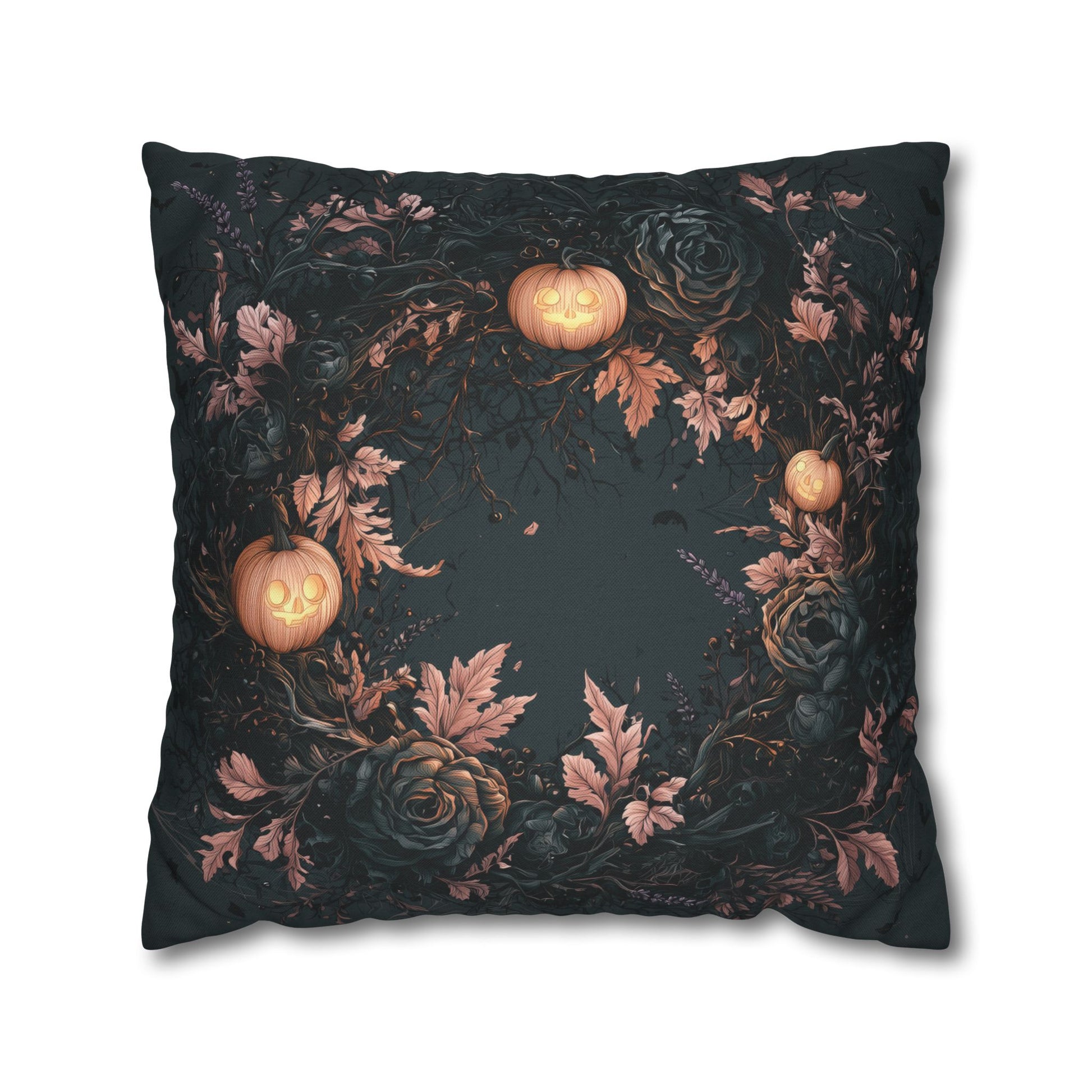 A square decorative throw pillow featuring a dark gothic Halloween design with carved pumpkins, roses, and autumn leaves around the border, set against a plain white background.