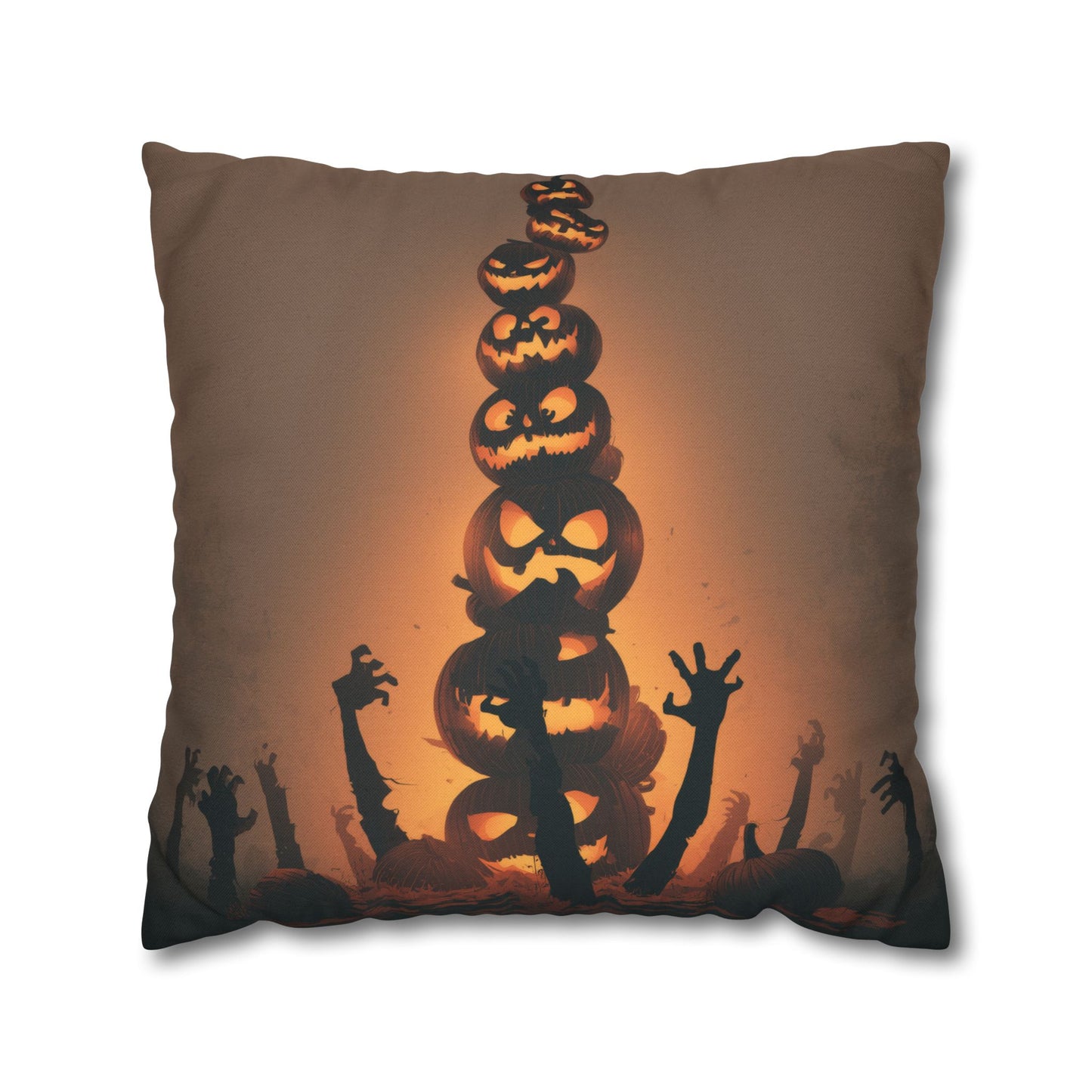 A square throw pillow featuring a Halloween-themed graphic print of a stacked tower of glowing jack-o'-lanterns with zombie hands reaching up against an orange sky.