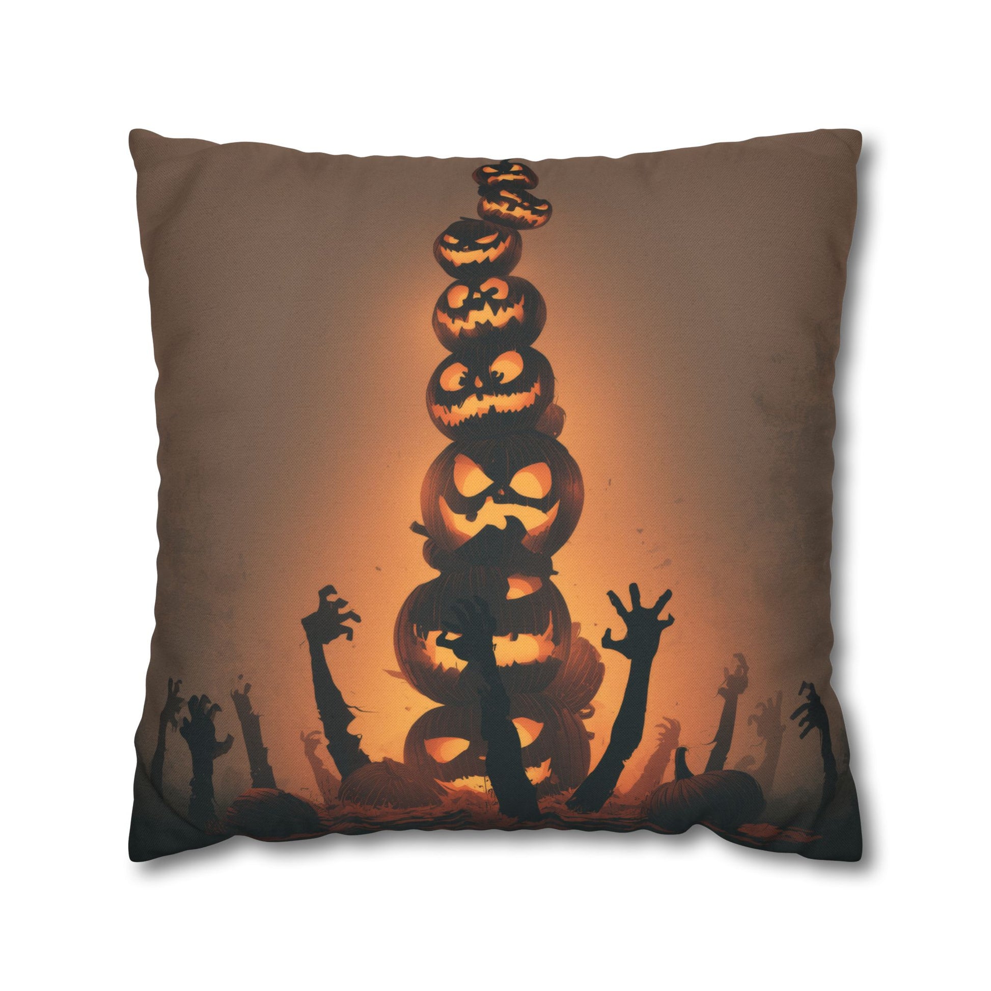 A square throw pillow featuring a Halloween-themed graphic print of a stacked tower of glowing jack-o'-lanterns with zombie hands reaching up against an orange sky.
