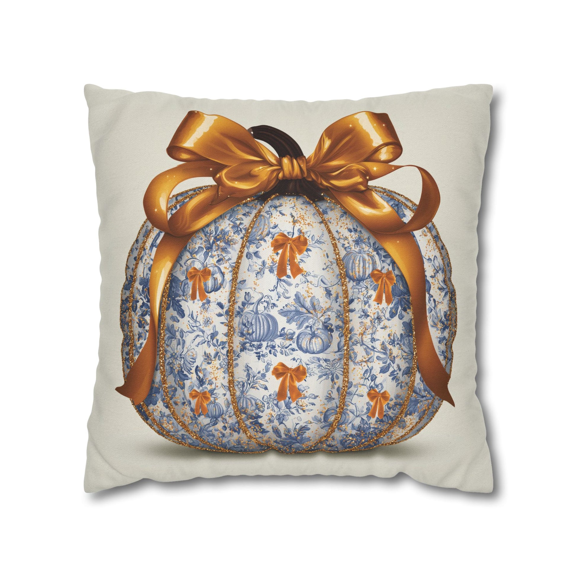 A square decorative throw pillow featuring a printed pumpkin design with a blue and white toile pattern, orange bows, and a large metallic gold ribbon bow on top, shown against a plain white background.