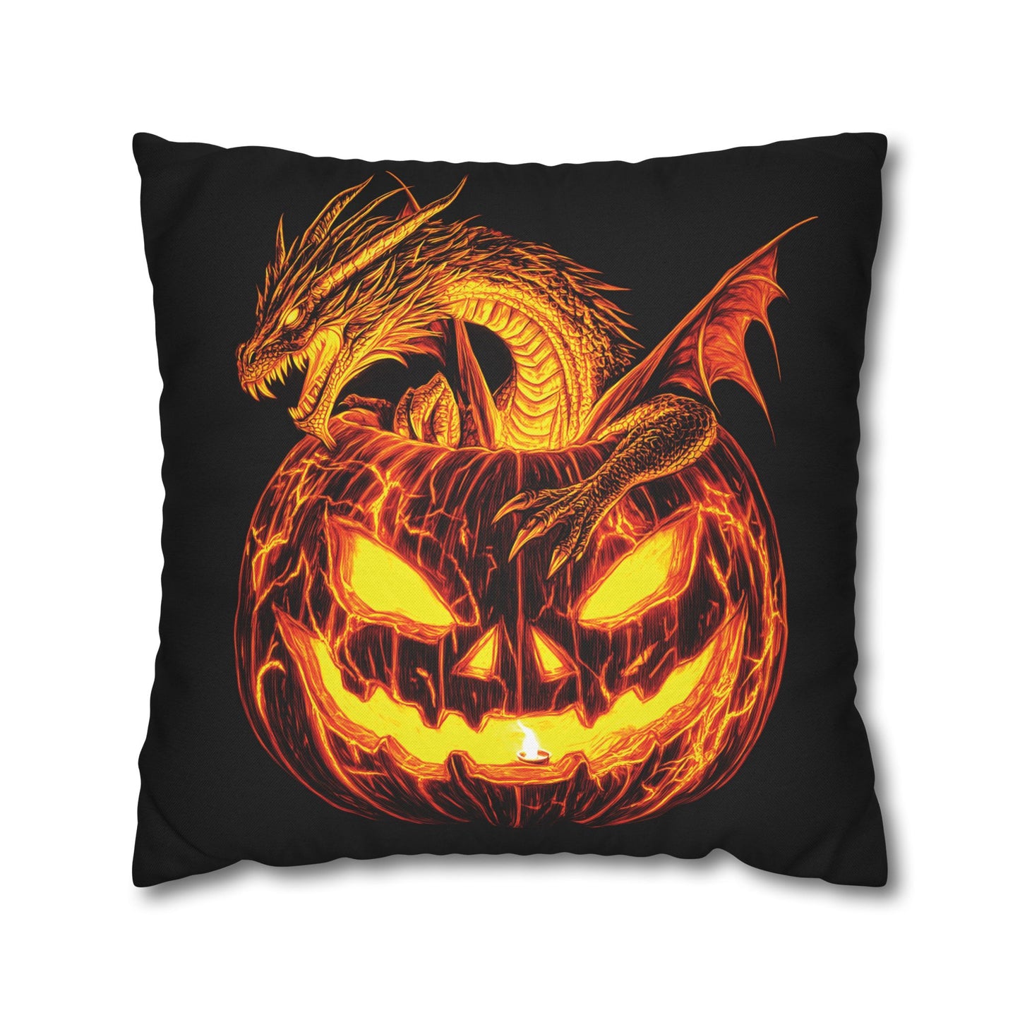 A square black throw pillow featuring a graphic print of a fiery orange and yellow dragon emerging from a carved jack-o'-lantern pumpkin, shown against a plain white background.