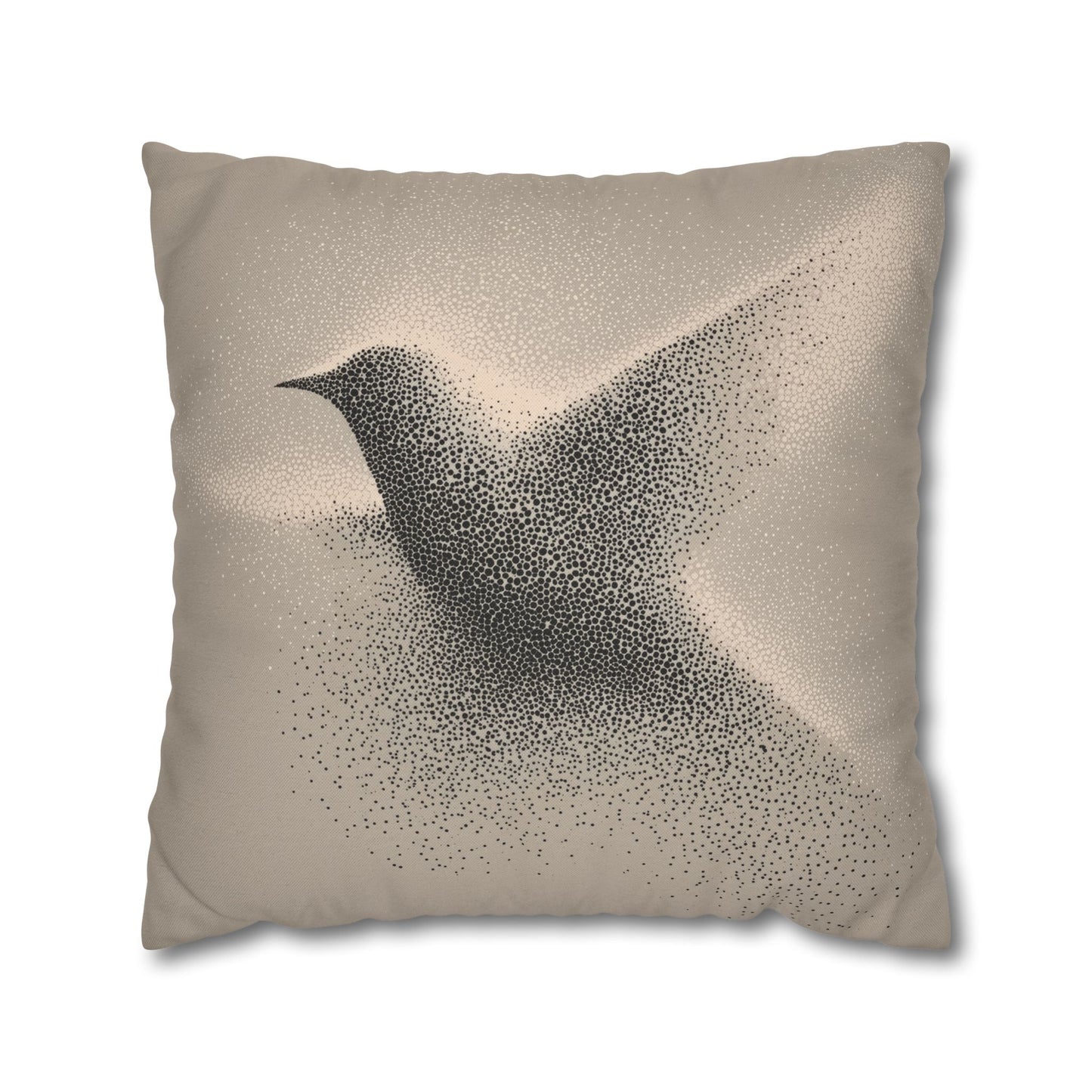 A square throw pillow in a warm beige color, featuring a printed design of a flying bird composed of black dots, shown against a plain white background.