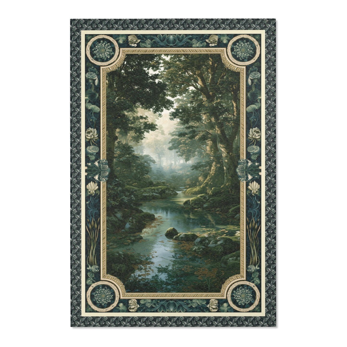 A rectangular decorative rug featuring a classical landscape scene of a forest stream, surrounded by an ornate patterned border in dark green, beige, and gold tones.