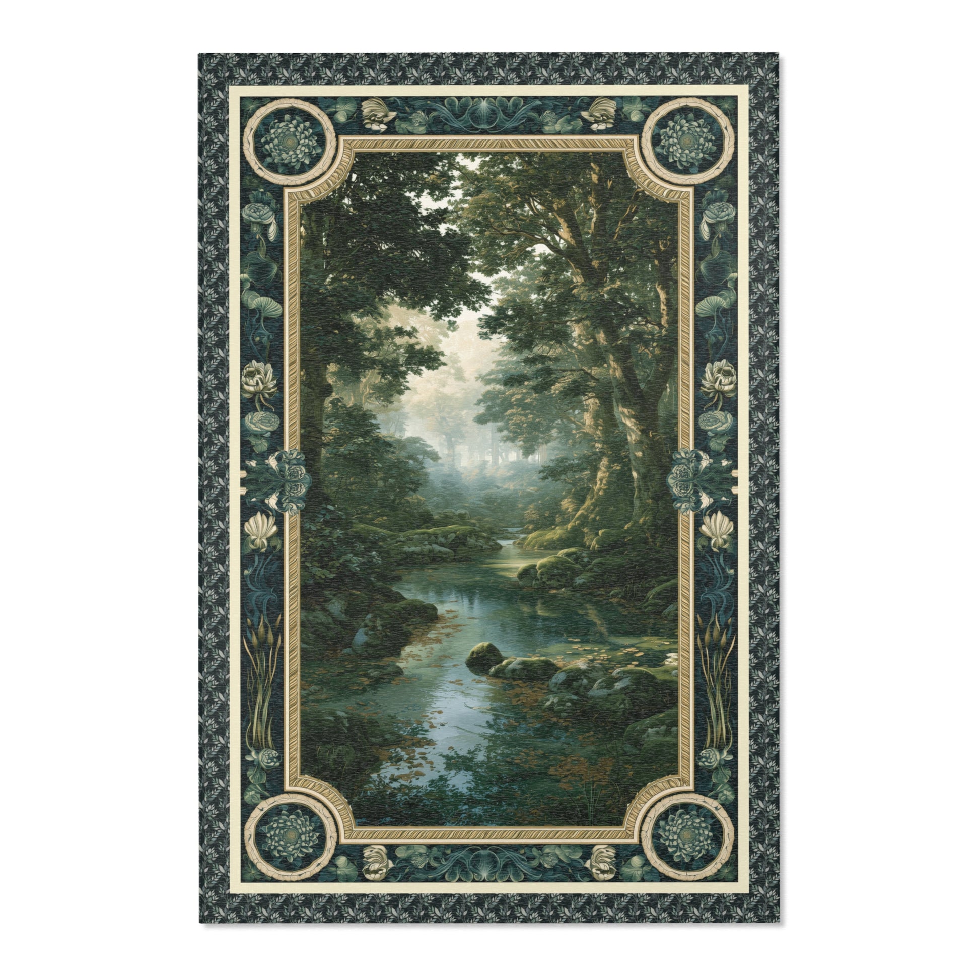 A rectangular decorative rug featuring a classical landscape scene of a forest stream, surrounded by an ornate patterned border in dark green, beige, and gold tones.