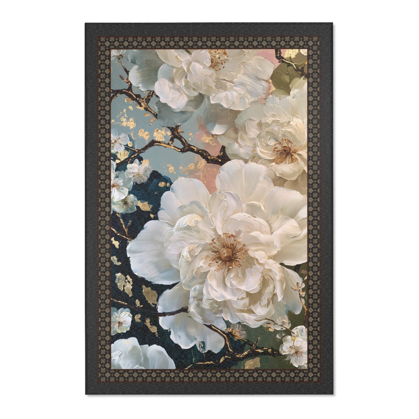 An area rug featuring large white blossoms on dark branches with gold leaf accents, set against a dark background with a decorative border.