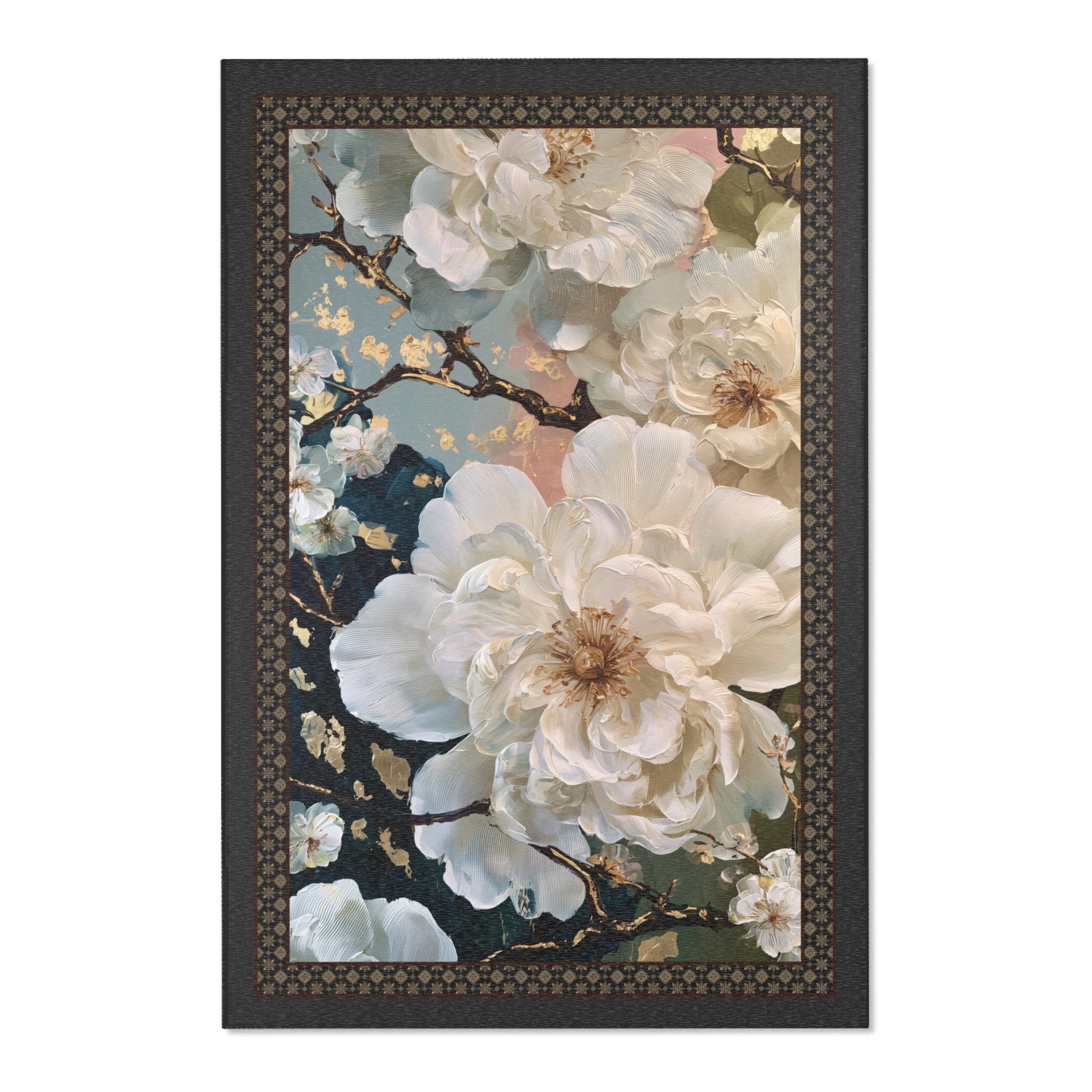 An area rug featuring large white blossoms on dark branches with gold leaf accents, set against a dark background with a decorative border.