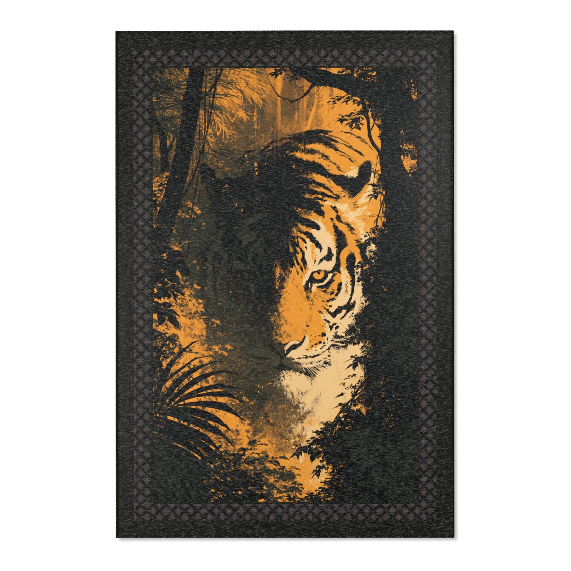 A rectangular area rug featuring a stylized tiger head in a jungle scene, with a dark patterned border around the artwork. The tiger illustration is rendered in warm orange, tan, and black tones against a mostly dark background.