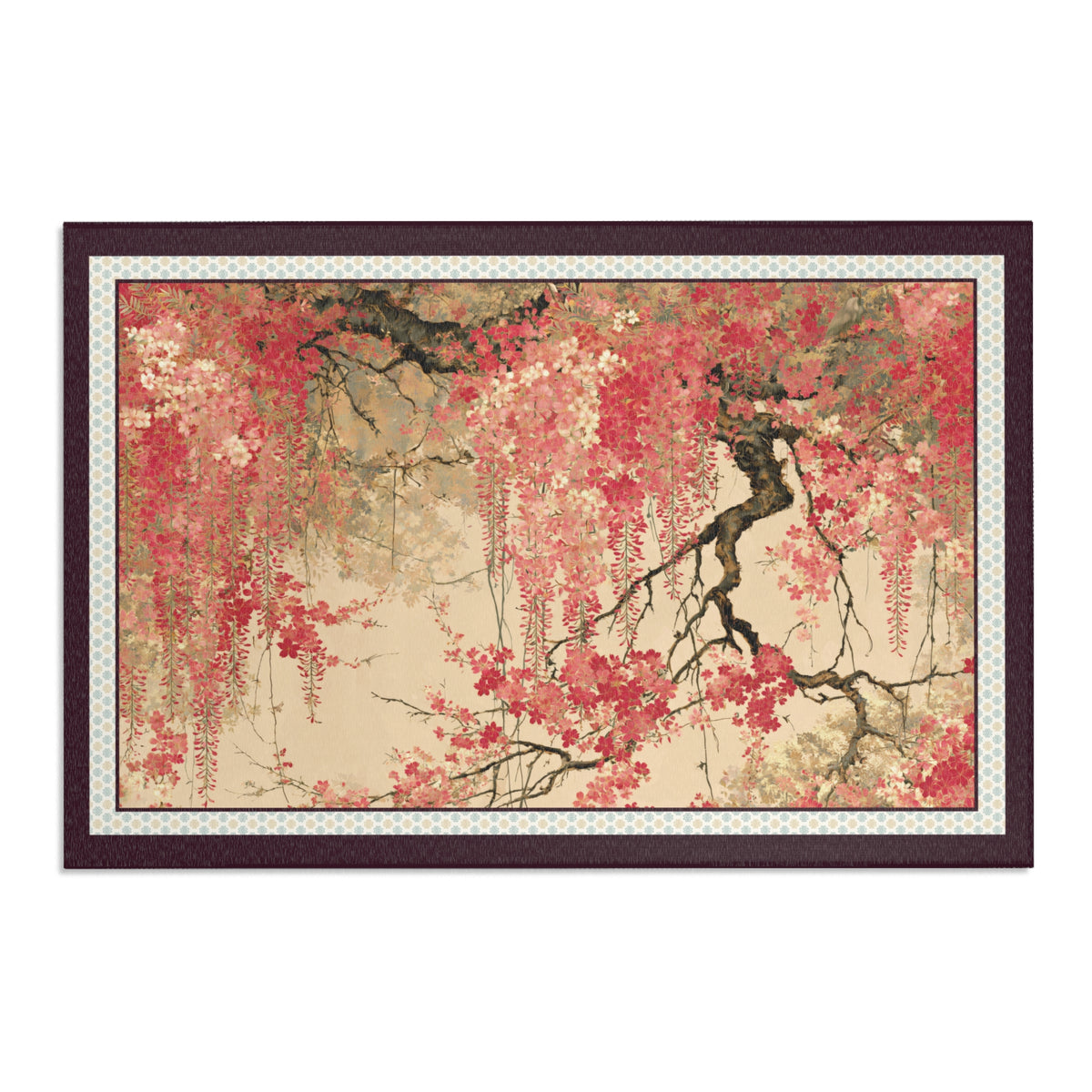 A rectangular area rug featuring a Japanese-style illustration of wisteria flowers in shades of pink, red, and cream on a beige background, enclosed in a dark brown frame with a patterned inner border.