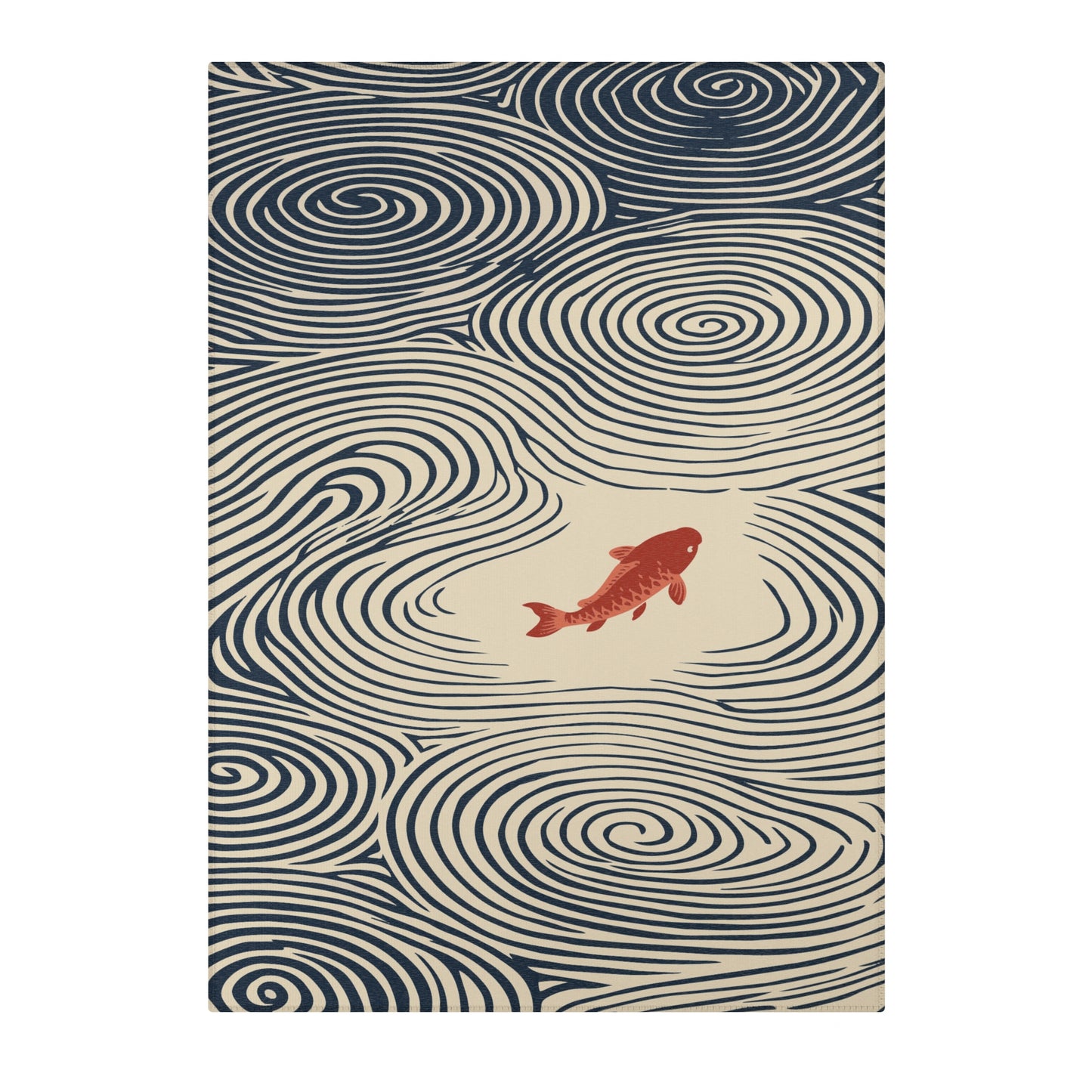 A area rug featuring a minimalist Japanese-style design with a small red koi fish swimming over concentric ripple patterns in dark navy and warm beige.