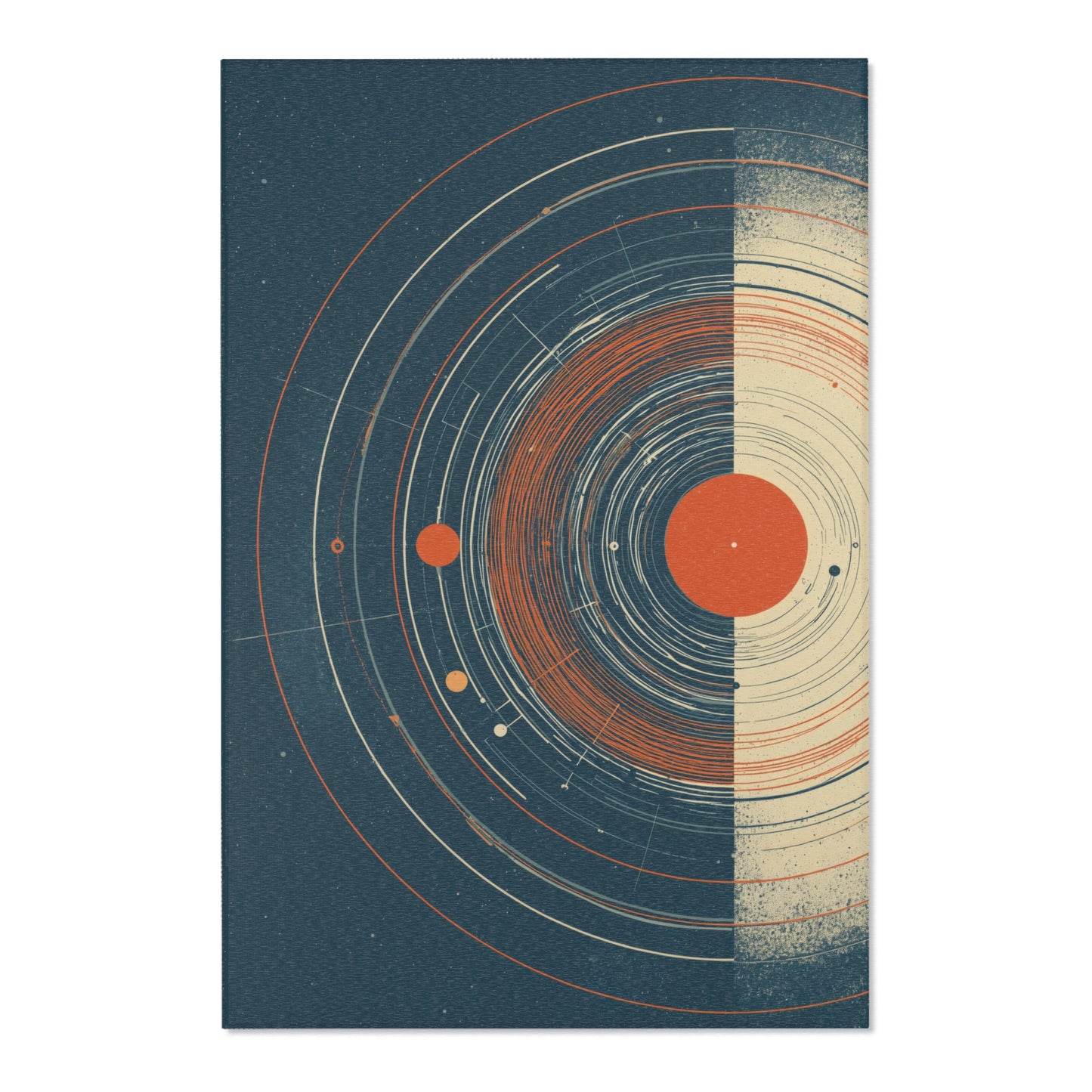 A area rug featuring a stylized solar system design with concentric orbits, planets, and a large central sun on a dark blue textured background, with a cream-colored right side. The print is shown against a plain white background.