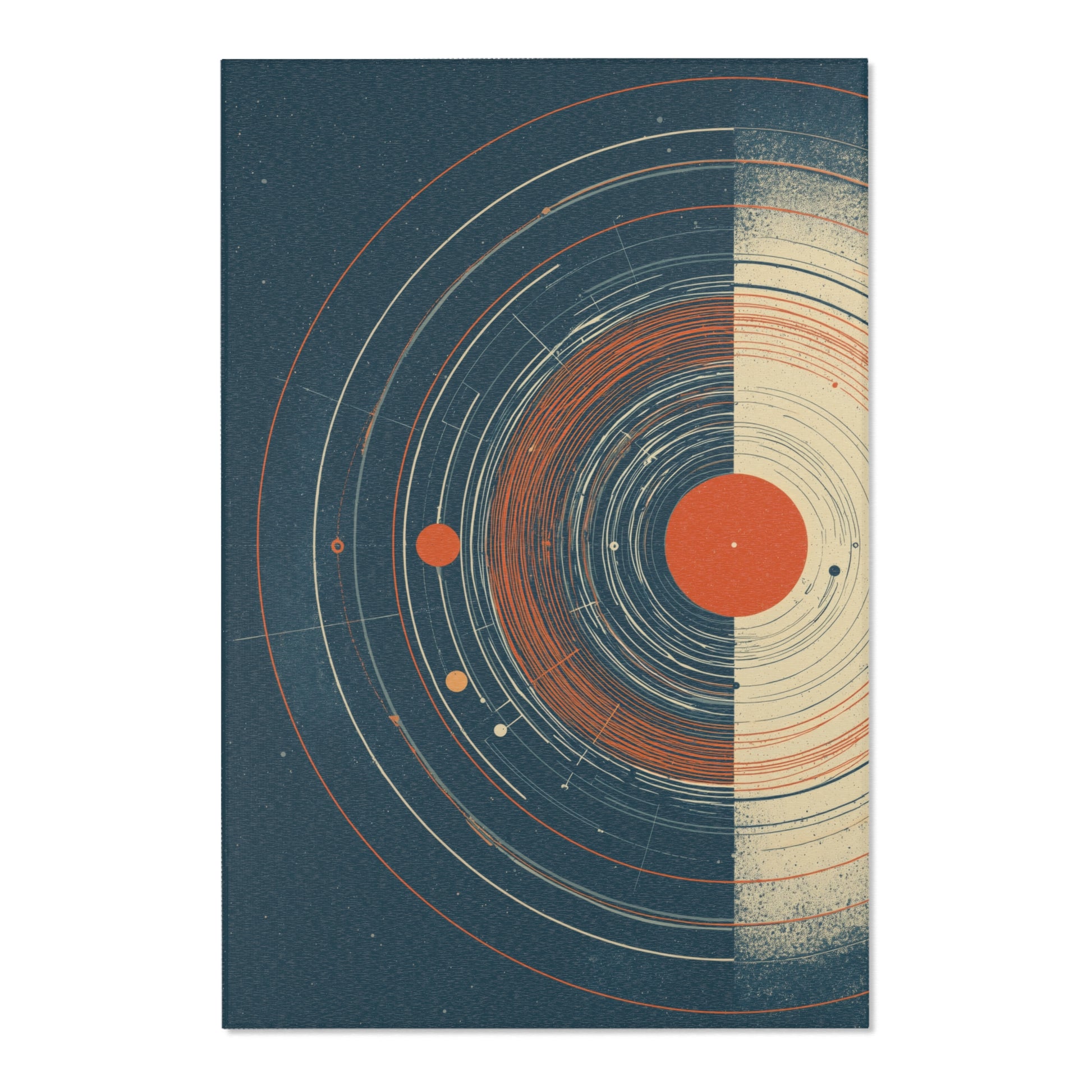 A area rug featuring a stylized solar system design with concentric orbits, planets, and a large central sun on a dark blue textured background, with a cream-colored right side. The print is shown against a plain white background.