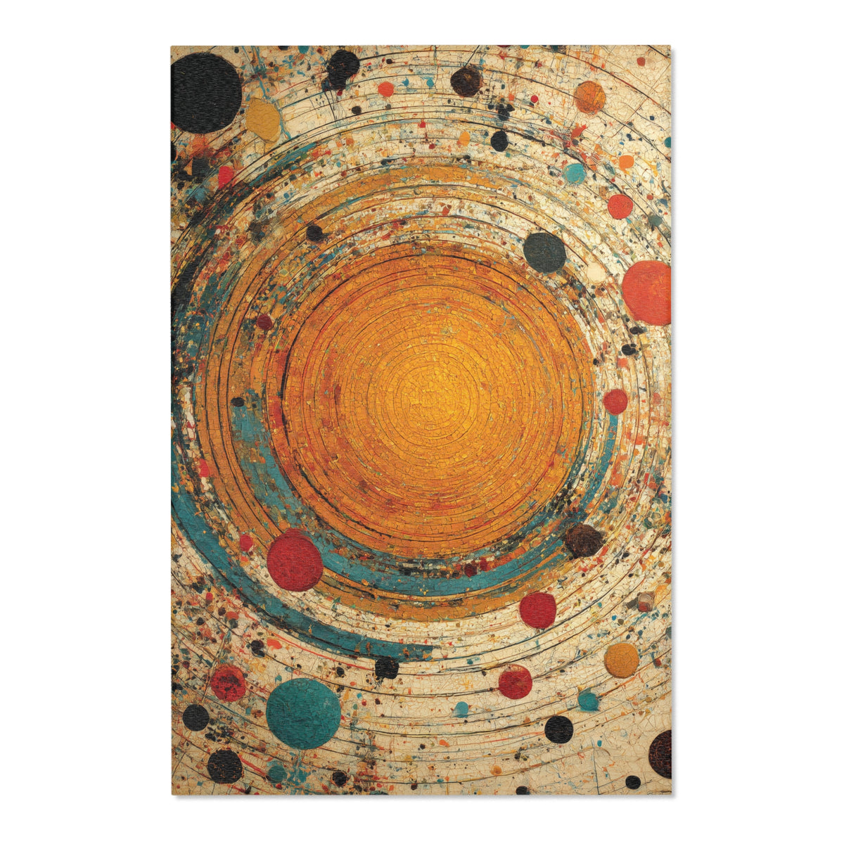 An abstract circular area rug featuring concentric rings in orange, yellow, teal, red, black, and beige with scattered paint splatters, shown against a plain white background.