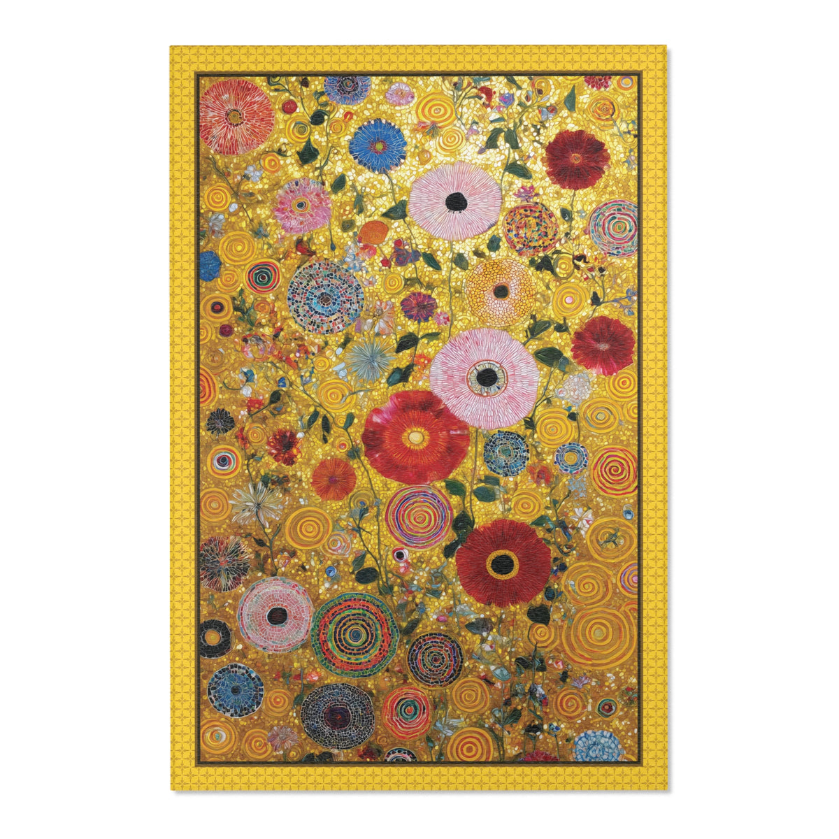 A rectangular rug featuring a dense floral and circular pattern in gold, red, pink, blue, green, and orange, framed by a wide gold border on a white background.