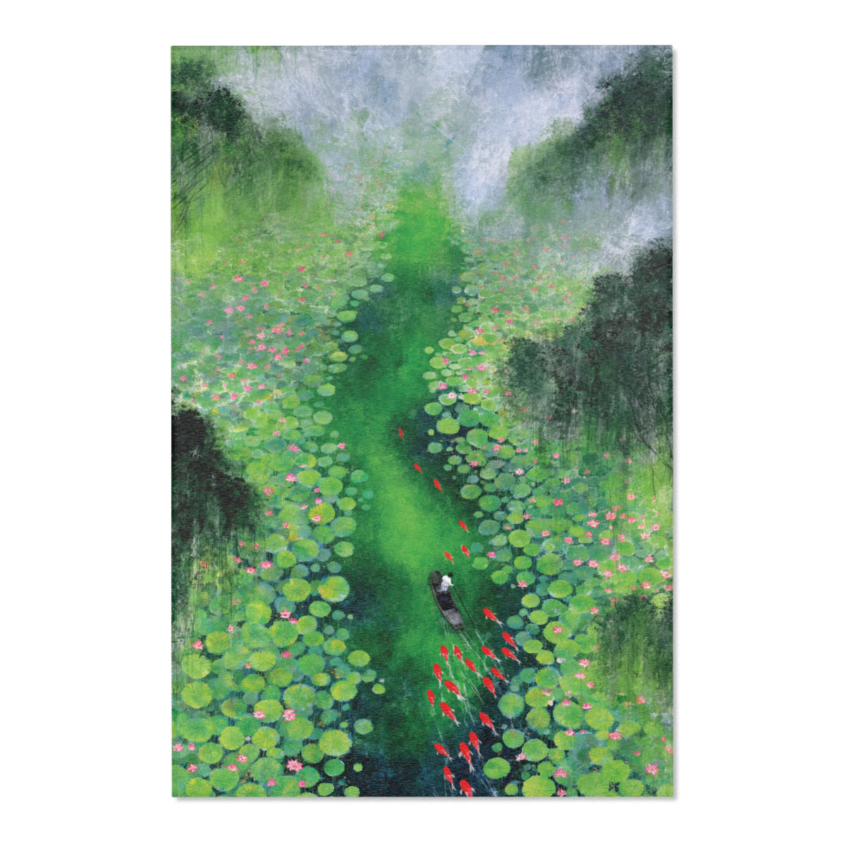 An area rug depicting a lush green pond scene with lily pads, pink flowers, and a small boat with a figure, shown against a plain white background.