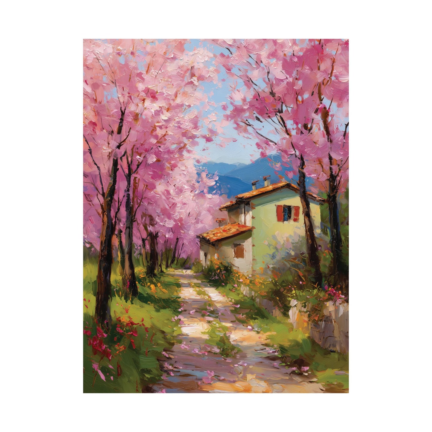 Countryside Path with Cherry Blossom Trees Wall Art Canvas or Poster Print, Rustic House Spring Landscape Painting Home Living Room Decor