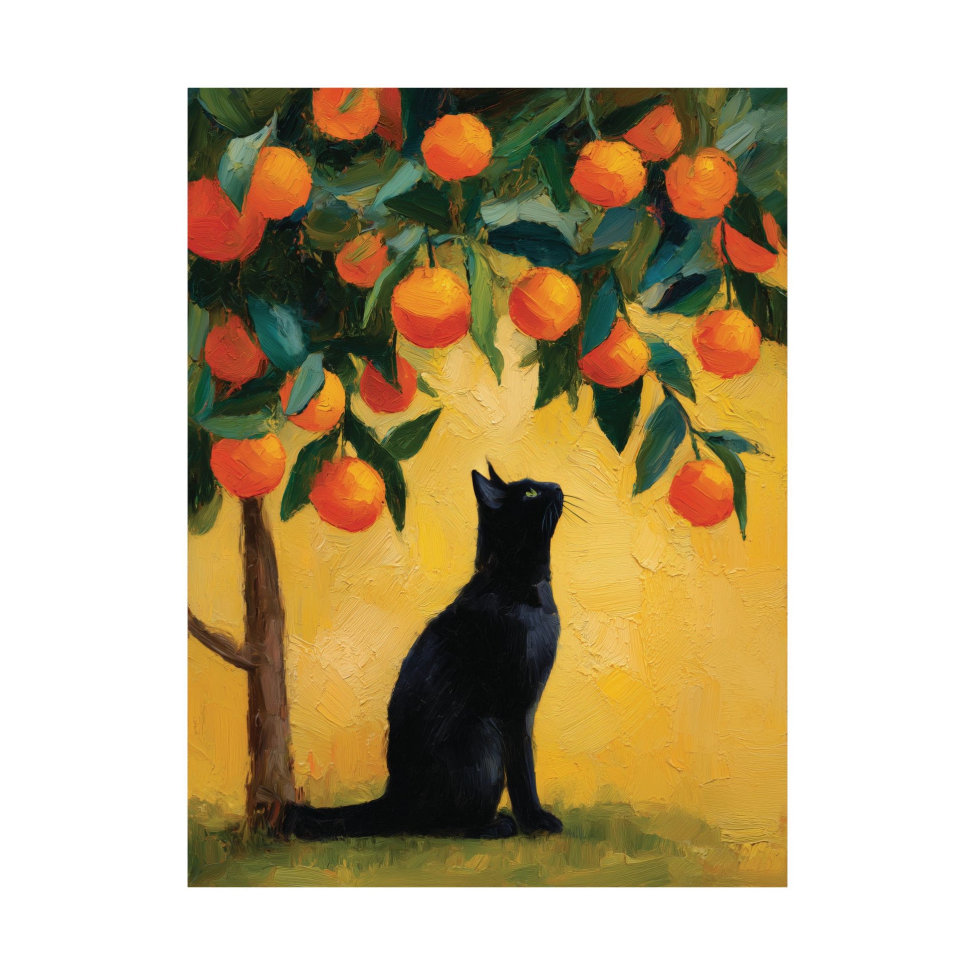 Painting of a black cat under an orange tree with ripe oranges.