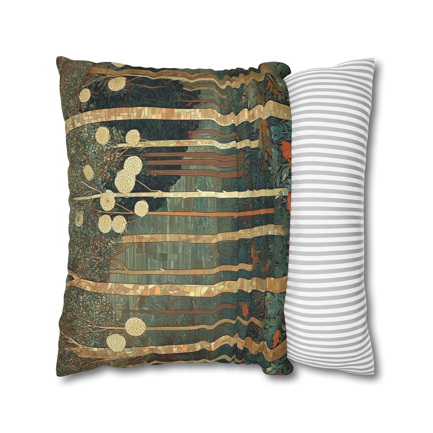 Enchanted Forest Trees Pillow Case, Arts and Crafts Botanical Design, Green Cushion Cover
