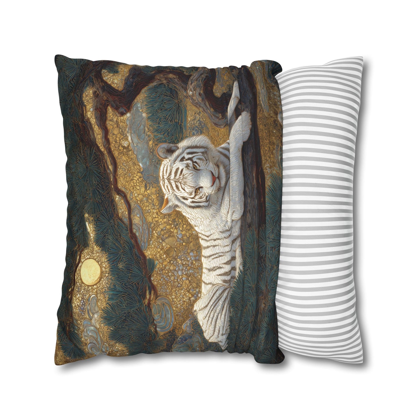 Decorative pillow with a tiger design next to a striped pillow on a white background