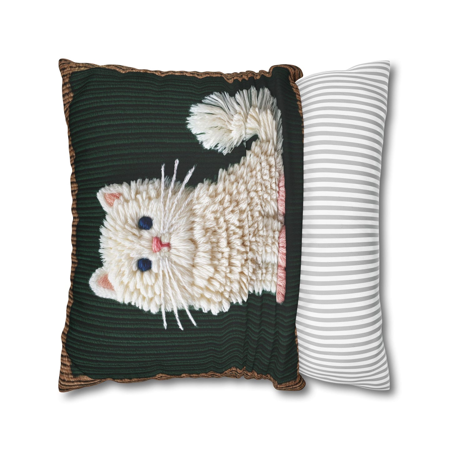 Fluffy White Cat Pillow Case, Dark Green Boho Living Room Cushion Cover
