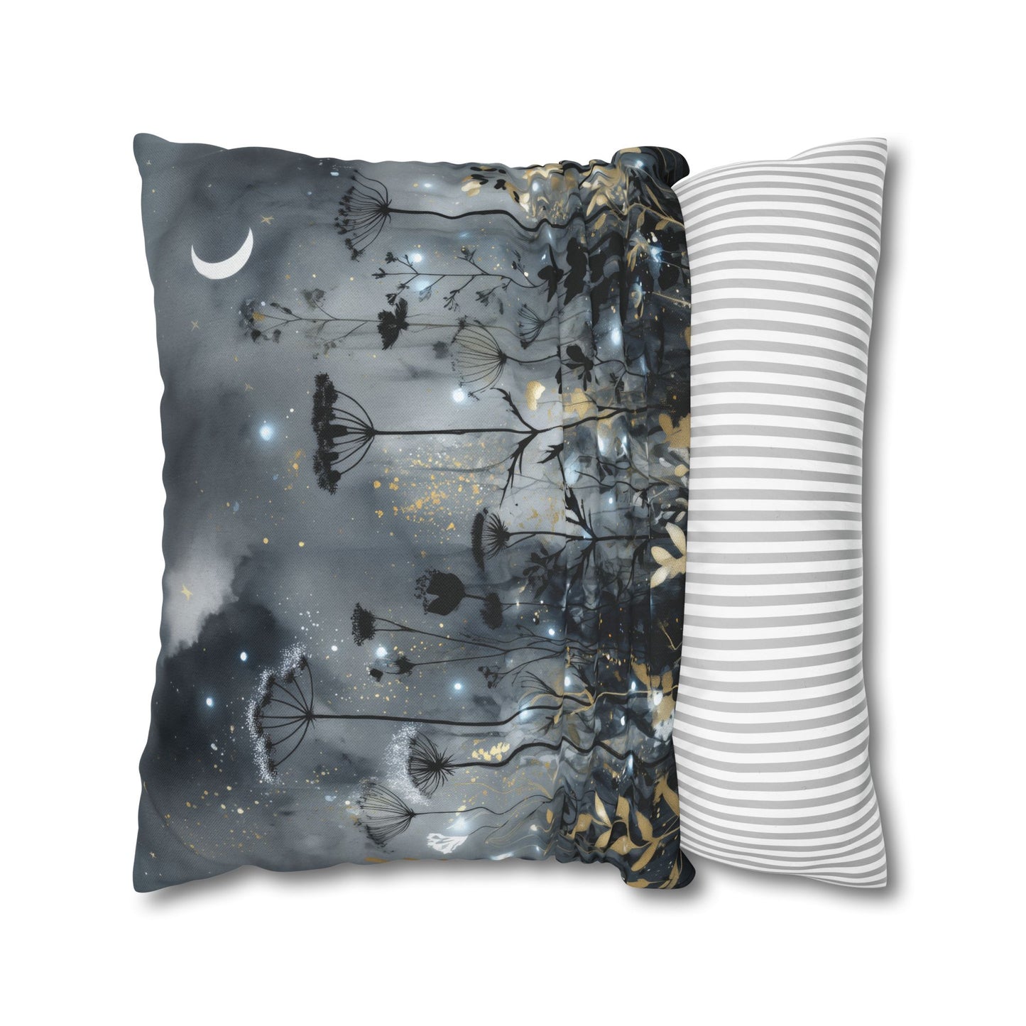 Decorative pillow with nature-themed design and a striped pillow next to it on a white background