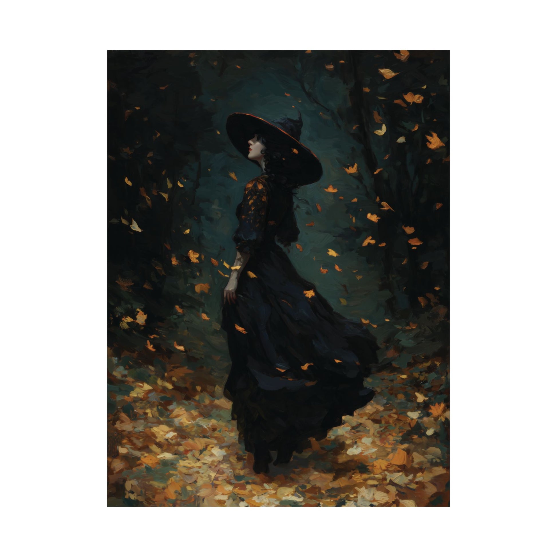 A vertical art print depicting a woman in a flowing black dress and wide-brimmed hat standing in a dark forest with falling orange leaves.