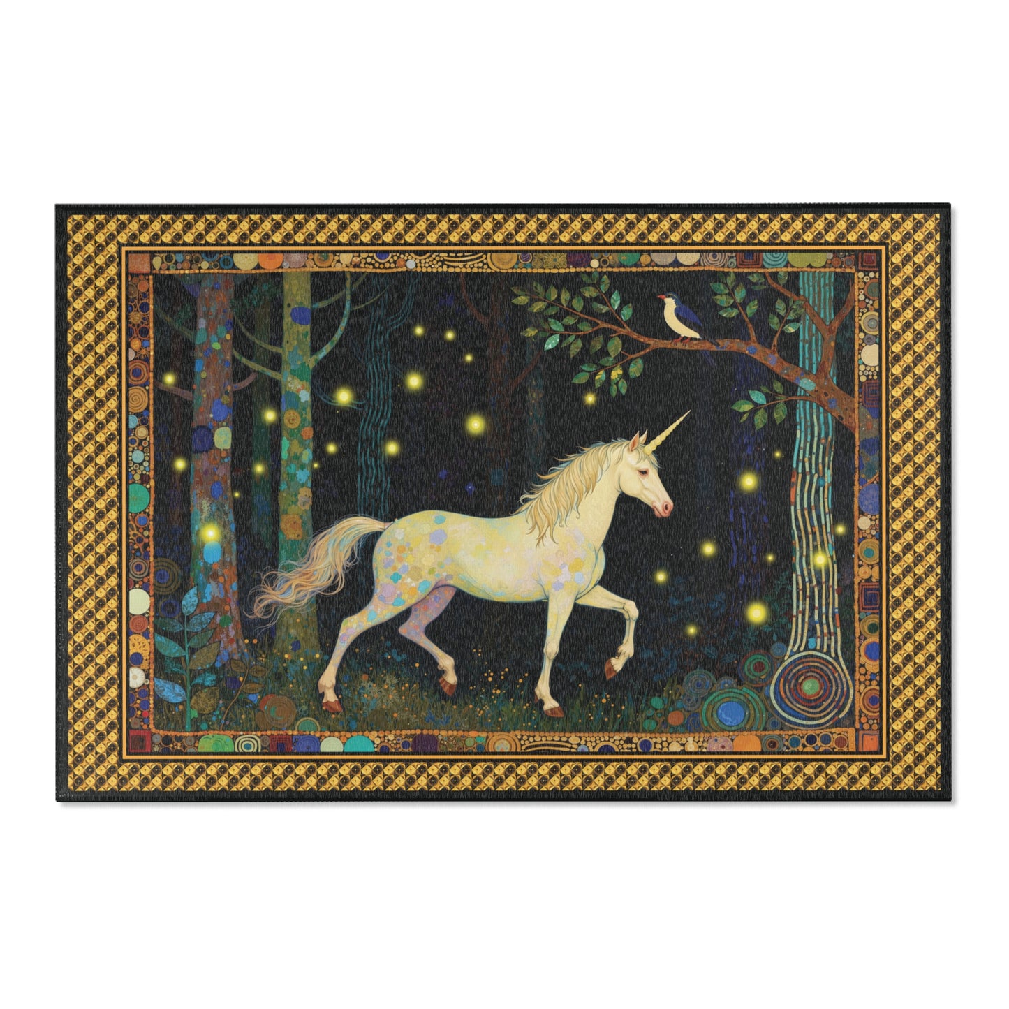 Unicorn in a forest with decorative border rug