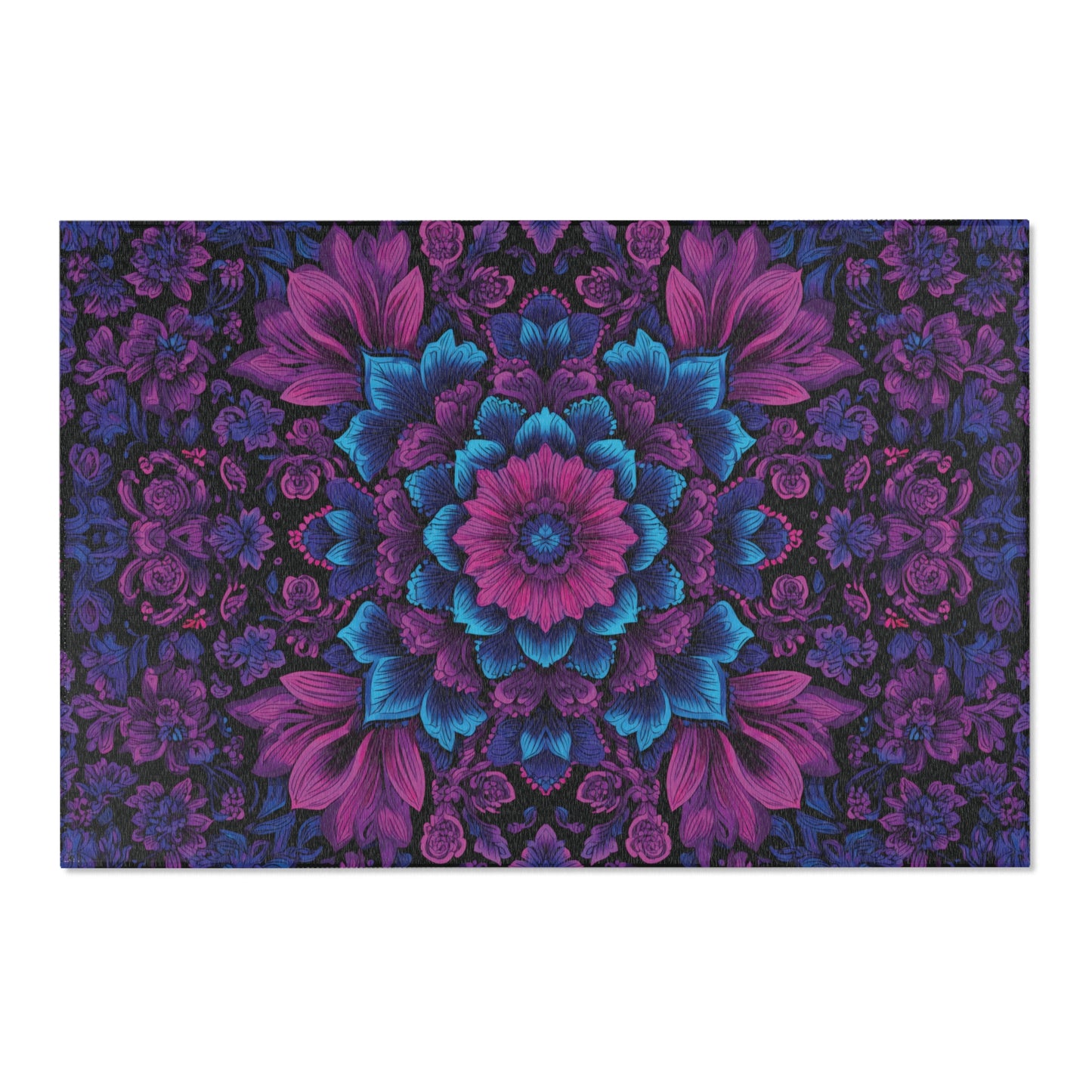 Floral patterned rug with purple and blue colors on a white background