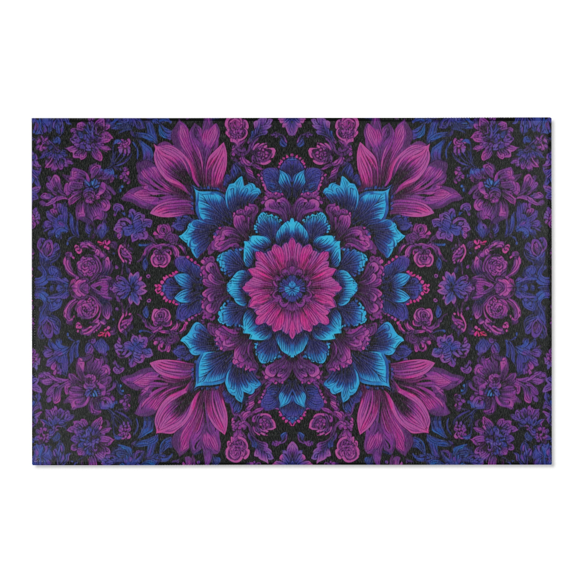 Floral patterned rug with purple and blue colors on a white background