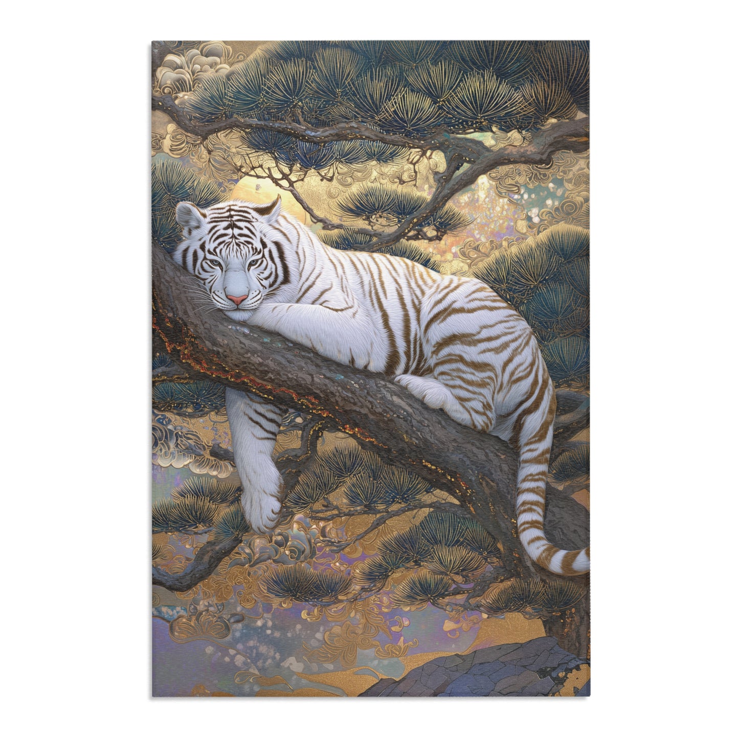 Rug with graphic of a white tiger on a branch with a decorative background