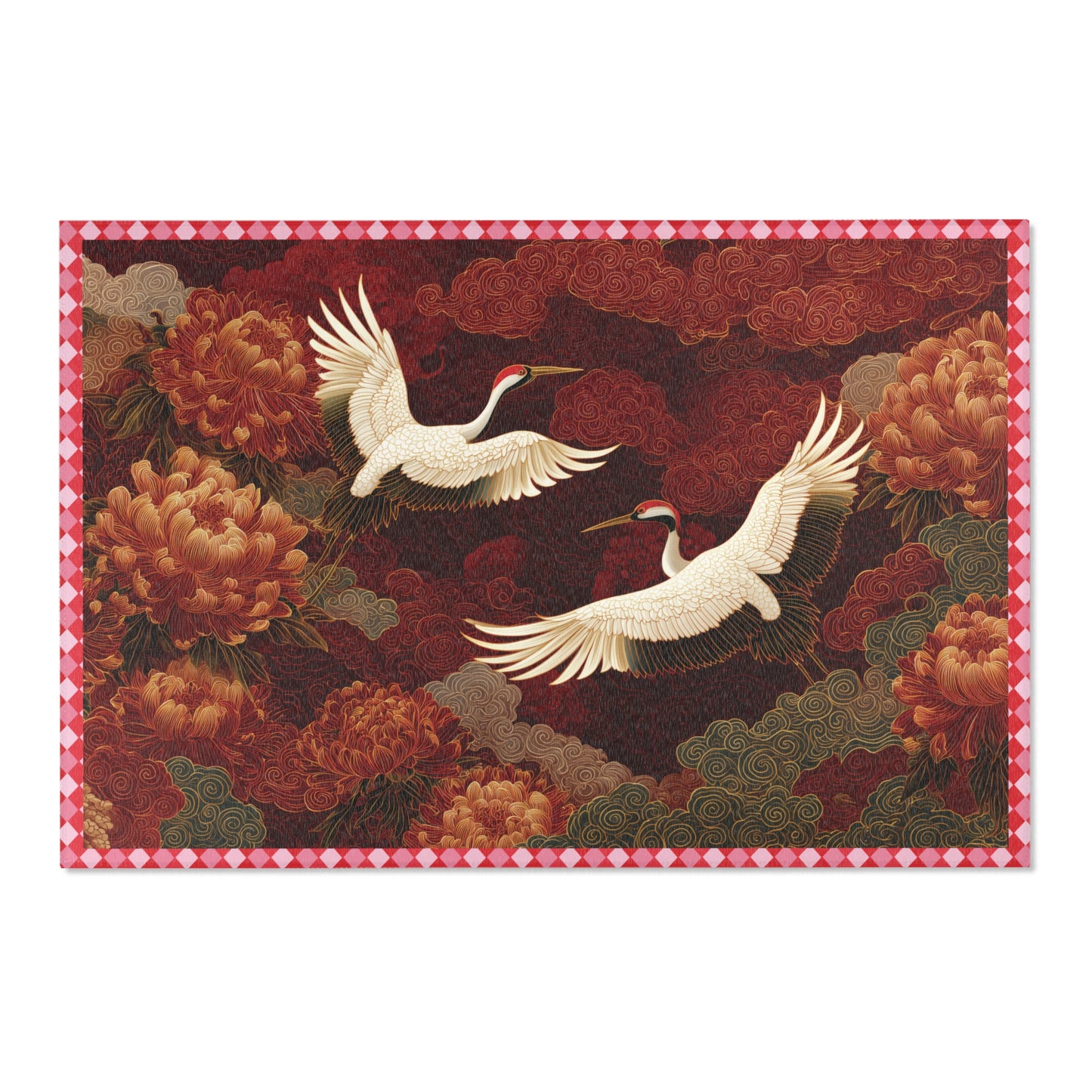 Decorative rug with white cranes and floral patterns on a red background