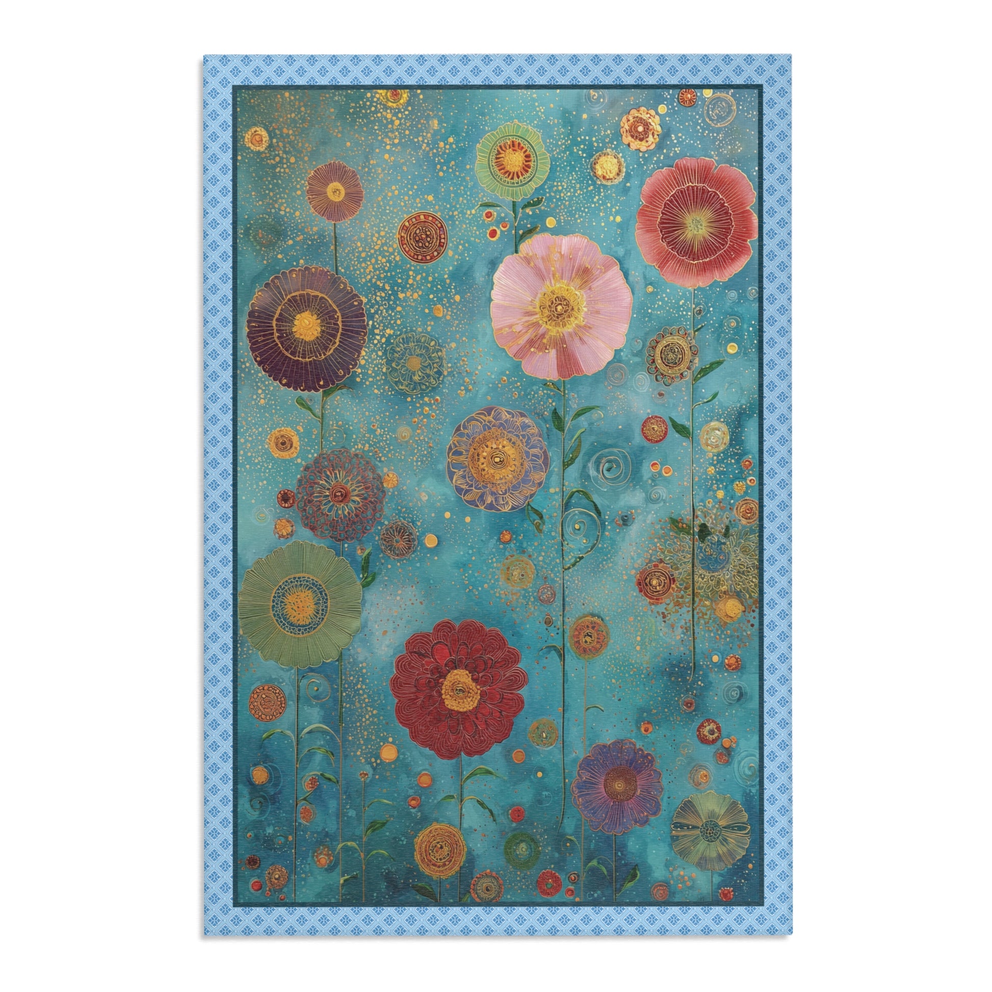 Decorative rug with colorful floral pattern on a blue background