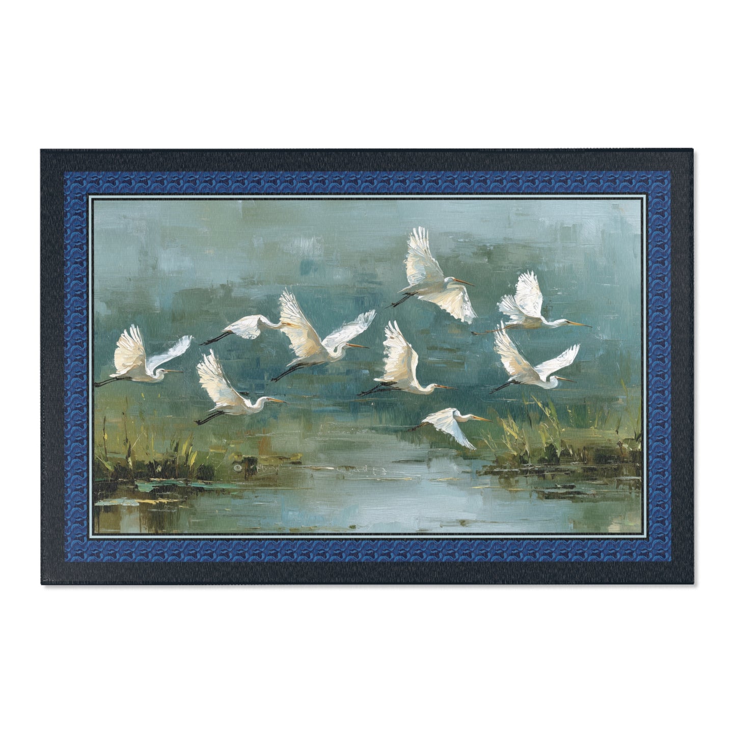 Area rug of white birds flying over water with a blue border