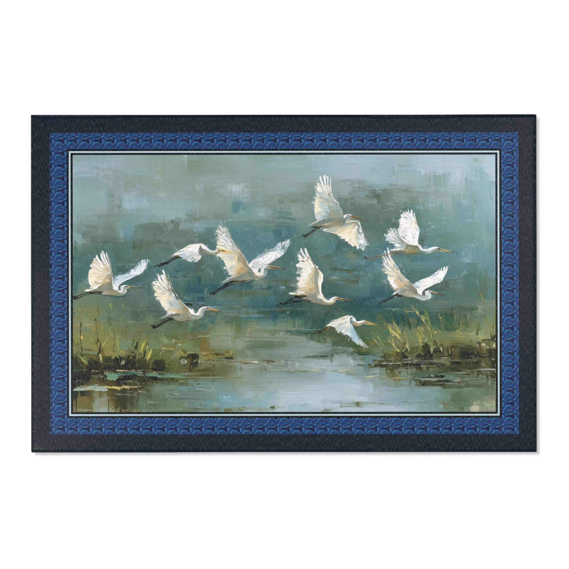Area rug of white birds flying over water with a blue border