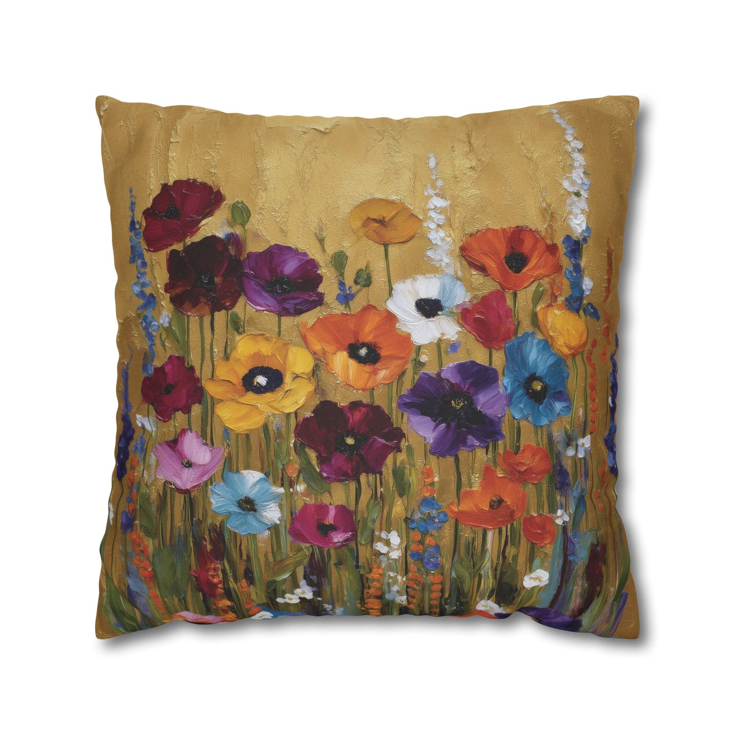 Decorative pillow with colorful floral design on a beige background