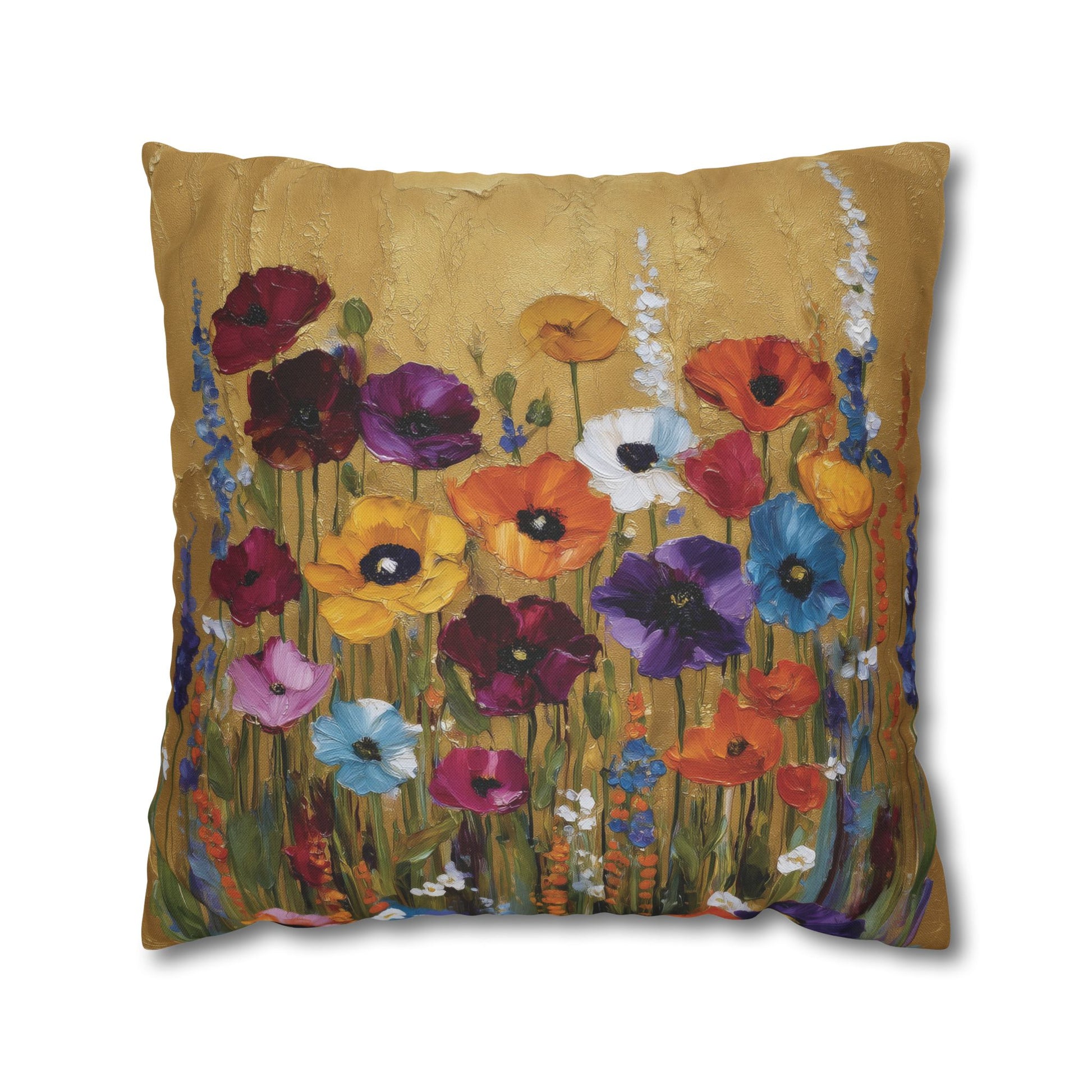 Decorative pillow with colorful floral design on a beige background