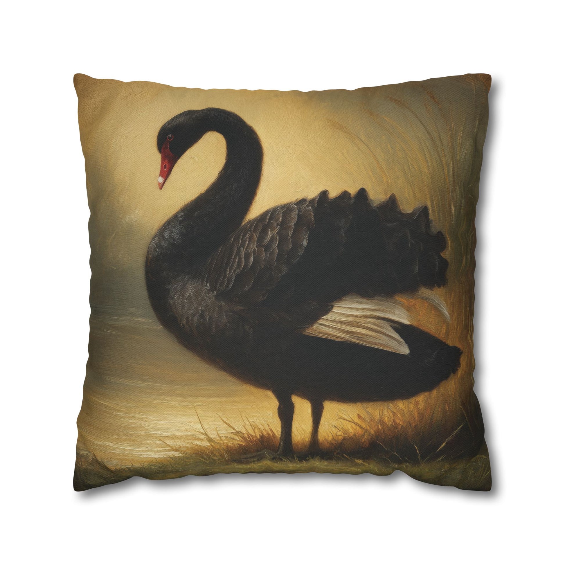 Decorative pillow with a black swan design on a beige background