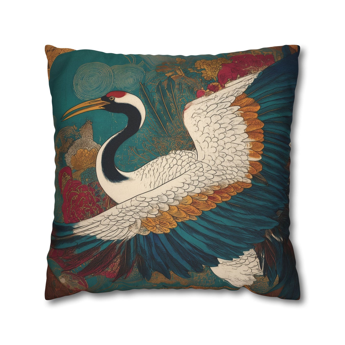 Decorative pillow with a crane design on a colorful background