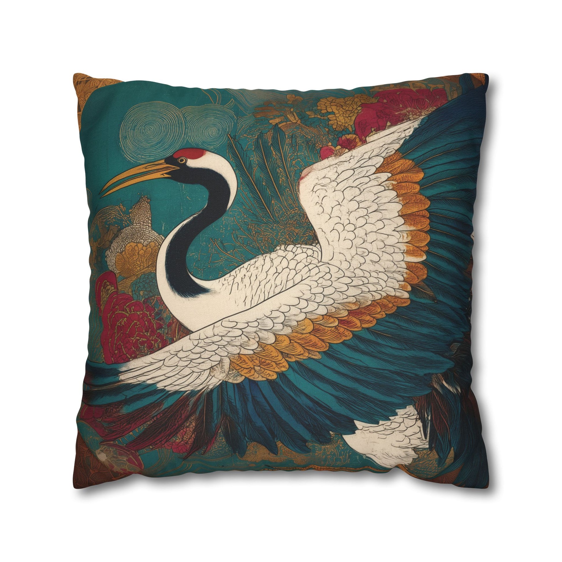 Decorative pillow with a crane design on a colorful background