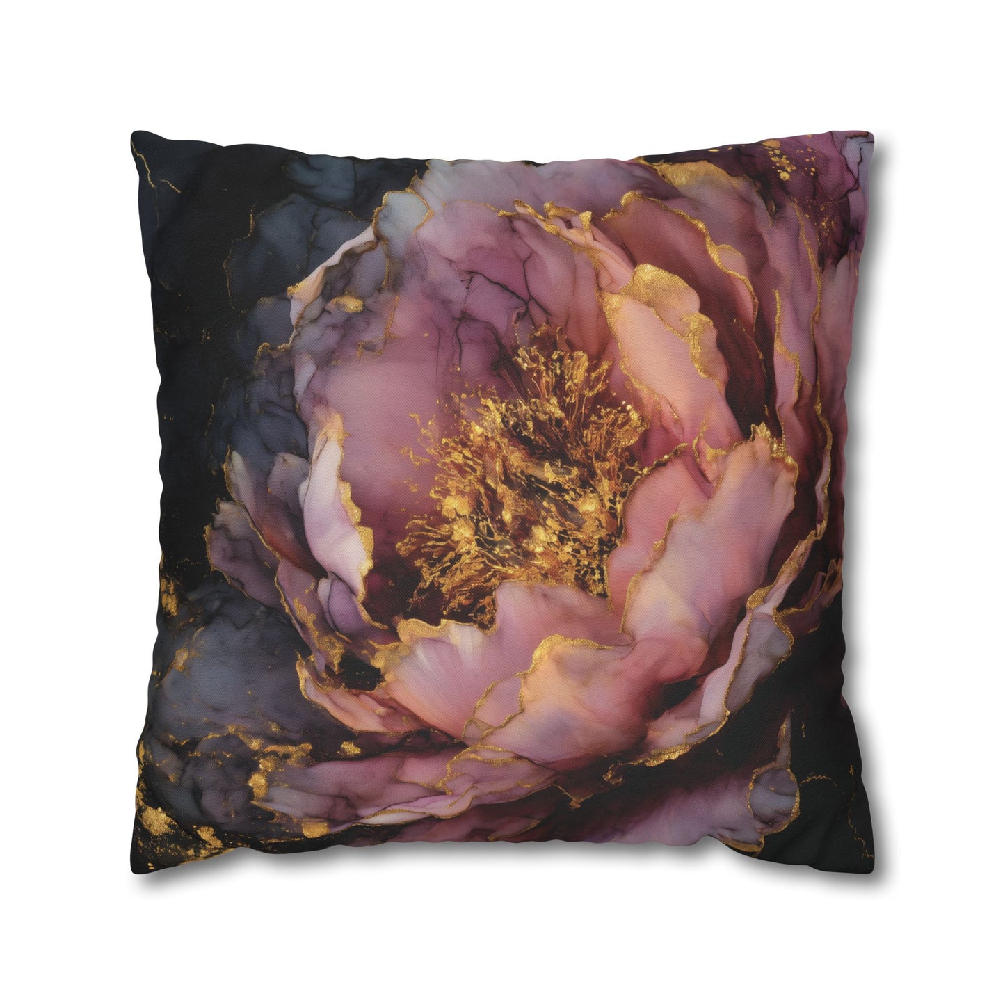 A square decorative throw pillow featuring a large, detailed abstract floral print of a peony in shades of dusty pink, purple, and metallic gold, set against a dark black and gray marbled background. The pillow is shown on a clean white background with a subtle drop shadow.