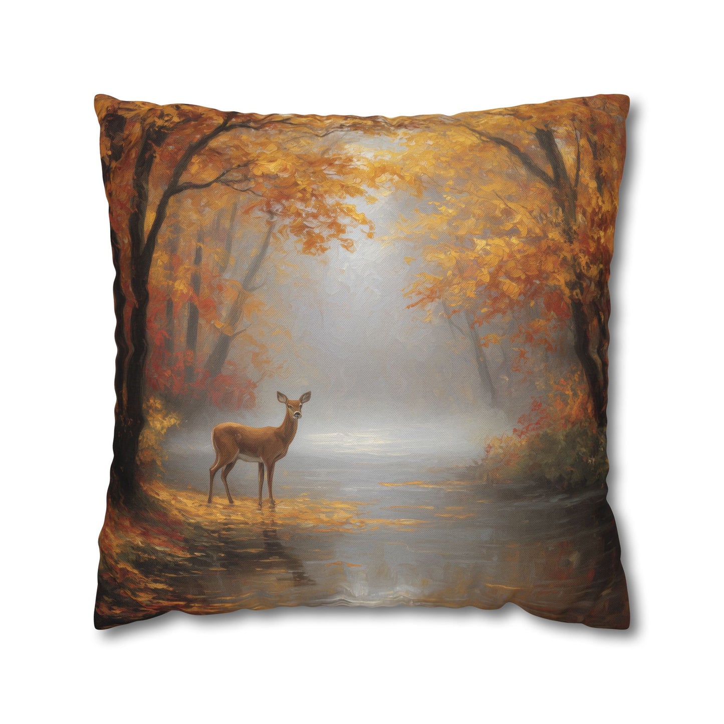 Square throw pillow featuring a printed autumn forest scene with a deer standing by a reflective stream, shown on a plain white background.