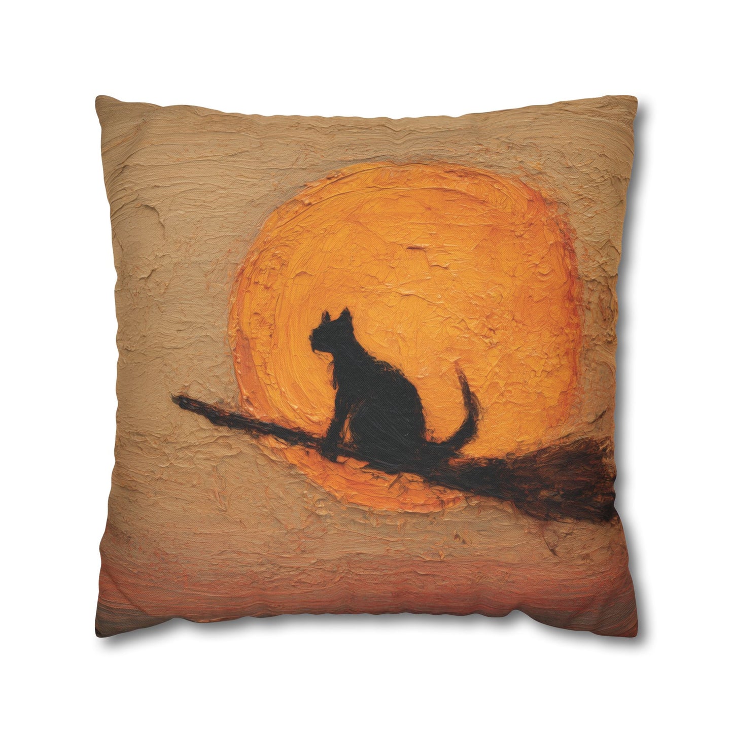 Square throw pillow featuring a textured painting of a black cat silhouette sitting on a branch in front of a large orange sun against a warm beige sky.